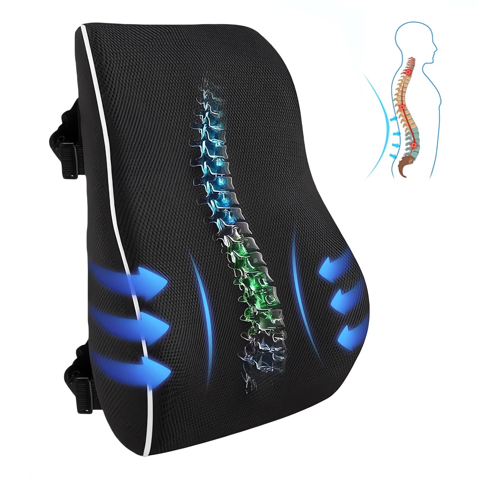 Chiziyixin Back Support for Office Chair, Memory Foam Lumbar Support Cushion with 2 Adjustable Straps, Black Back Lumbar Pillow for Office Chair, Car Driving Seat, Home, Gaming