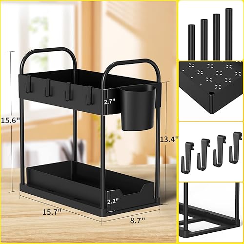 Miniatura 5 de ORDORA Easy SLIDE - Organizador de baño para debajo del fregadero con taza para colgar 4 ganchos organizadores de cocina multiusos para gabinete