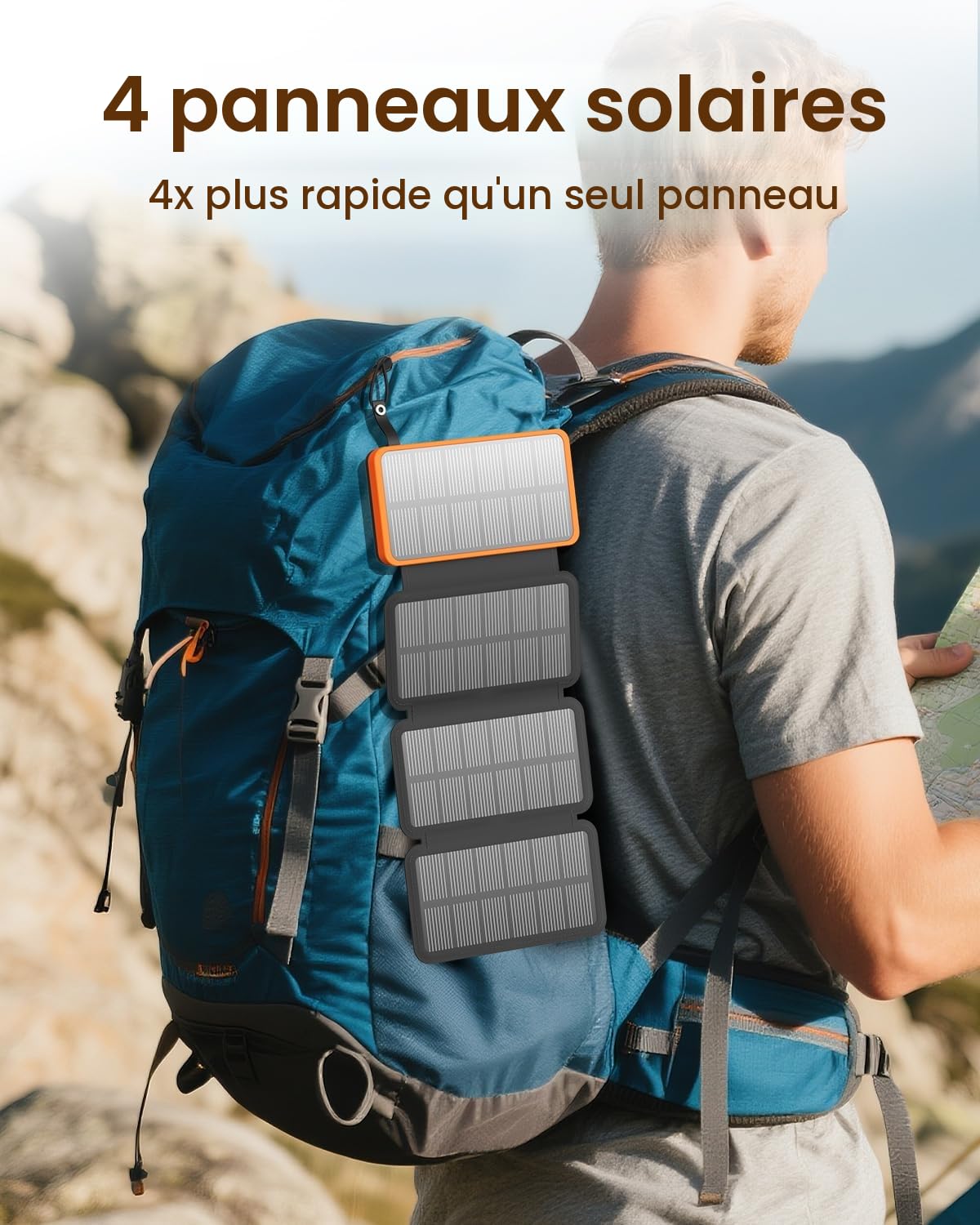 FEELLE Chargeur Solaire 25000mAh, Solaire Batterie Externe avec Double Sortie USB 3,0A et 4 Panneaux Solaires Pliables Chargeur Portable pour Smartphone, Tablette, Camping et Plus (Orange)
