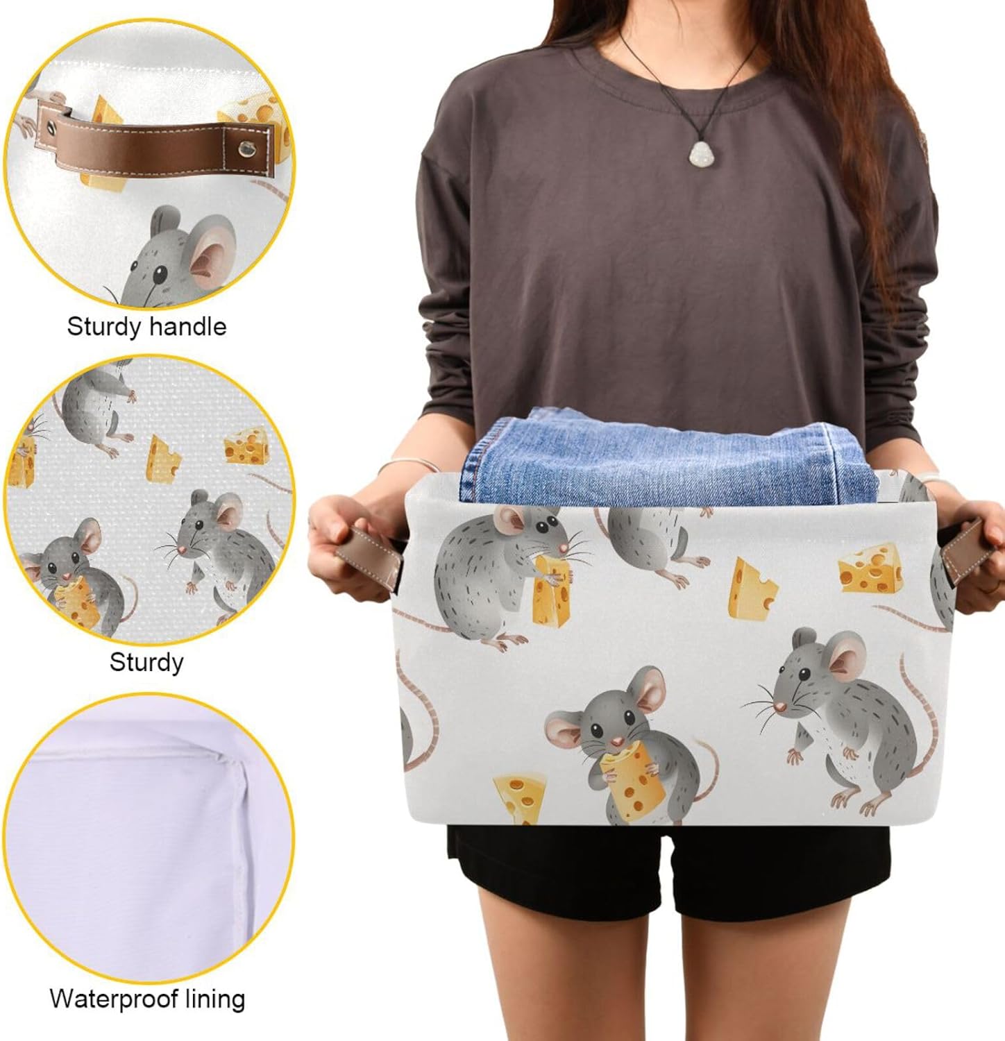 Foldable Storage Basket with Handles Cute Mouse Fabric Kitchen Baskets Open Home Storage Bins Boxes Organizer Bag for Baby Cloth Pet Toy Book Shelf Closet Baskets 2 Pcs