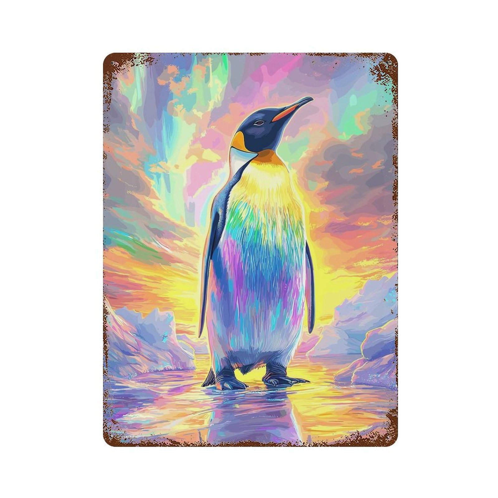 Retro Metal Sign with Colorful Penguin in Arctic Landscape Design 15.7"x11.8", for Bistro, Counter And Cafe Decor, Shabby Chic Decor