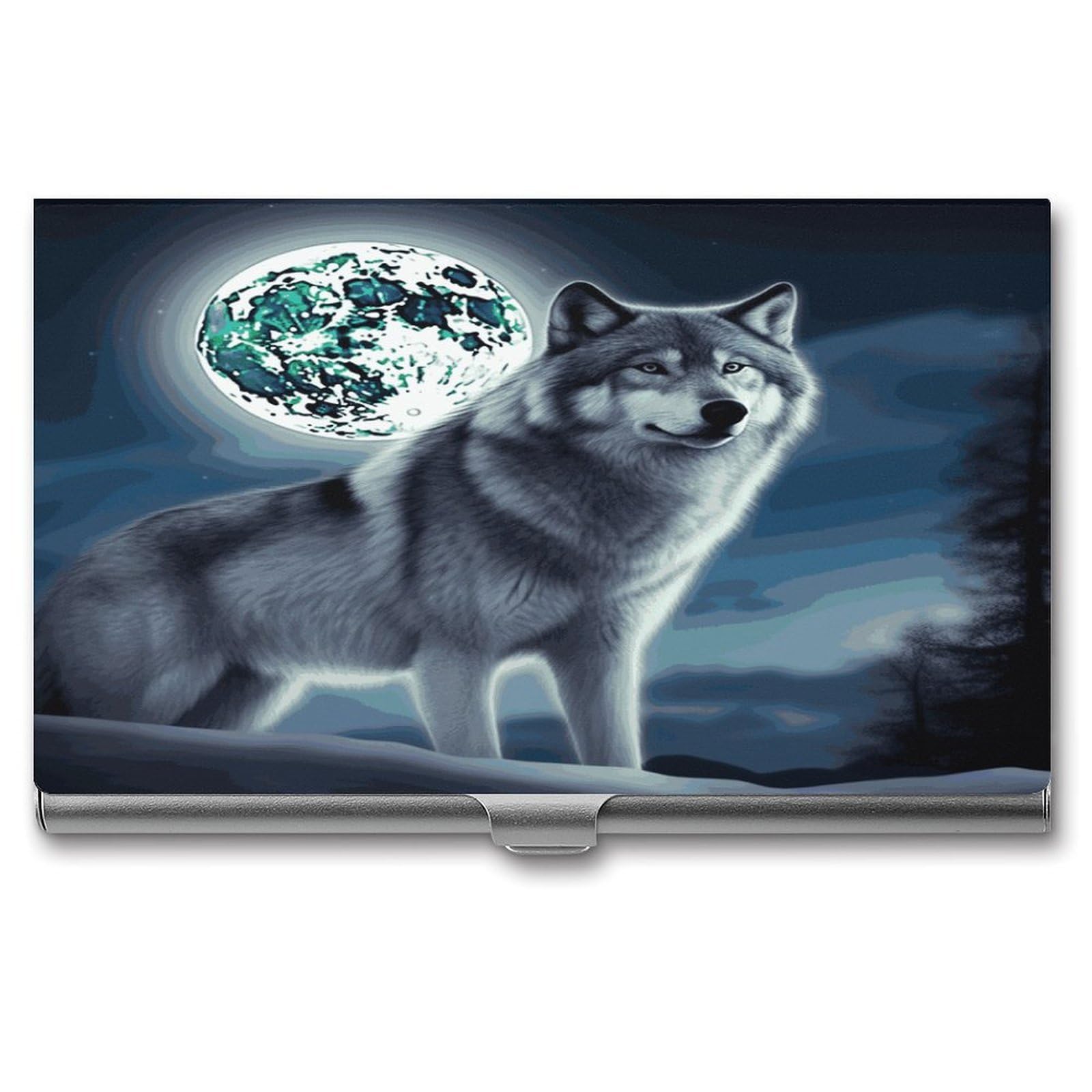 LDGSUPH Wolf Under Moon Business Card Holder Fashion Slim Name Card Holder Minimalist Design Case Metal Card Carrier Personalized Business Card Case with Flip for Men Women