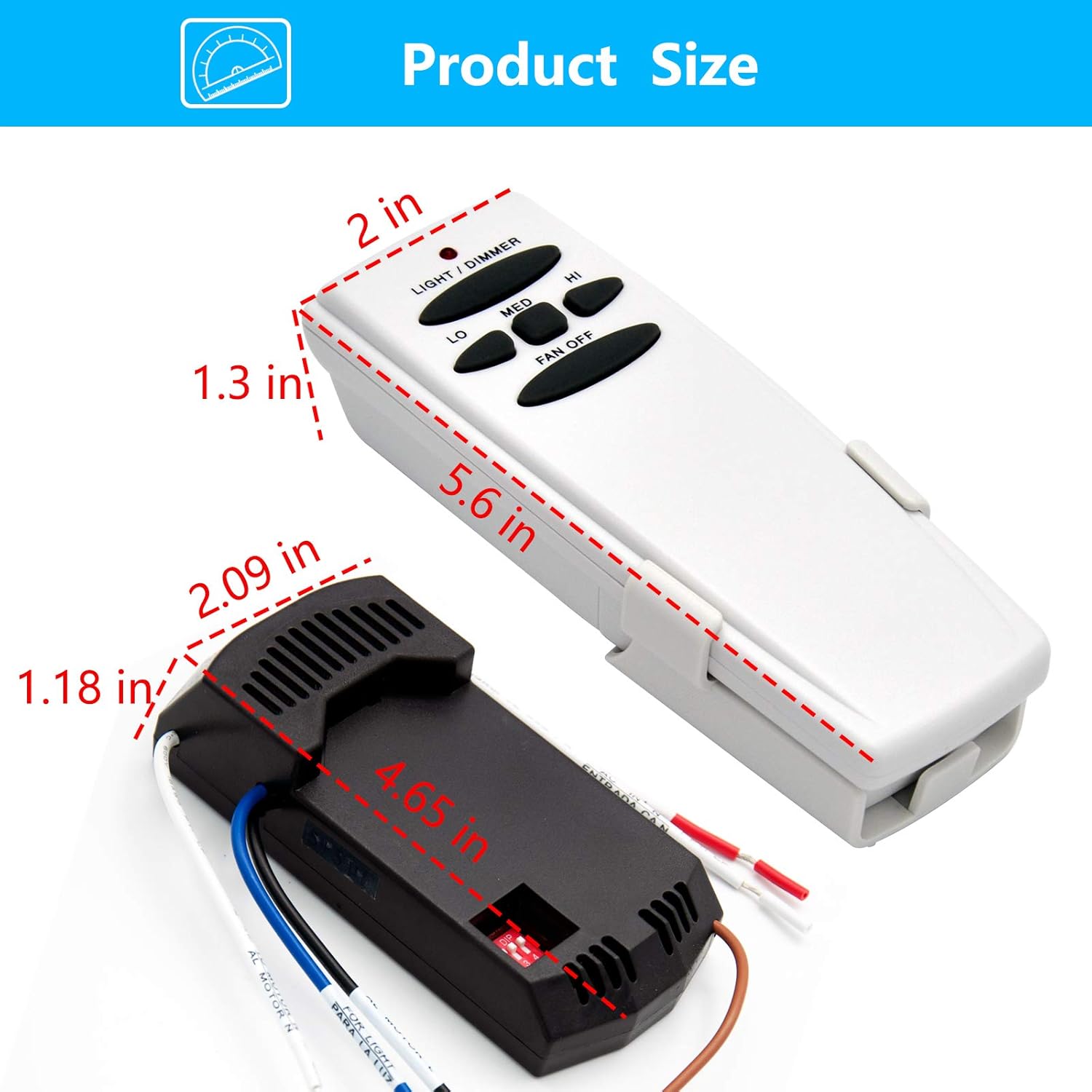 Diagram showing the dimensions of the remote control and receiver.