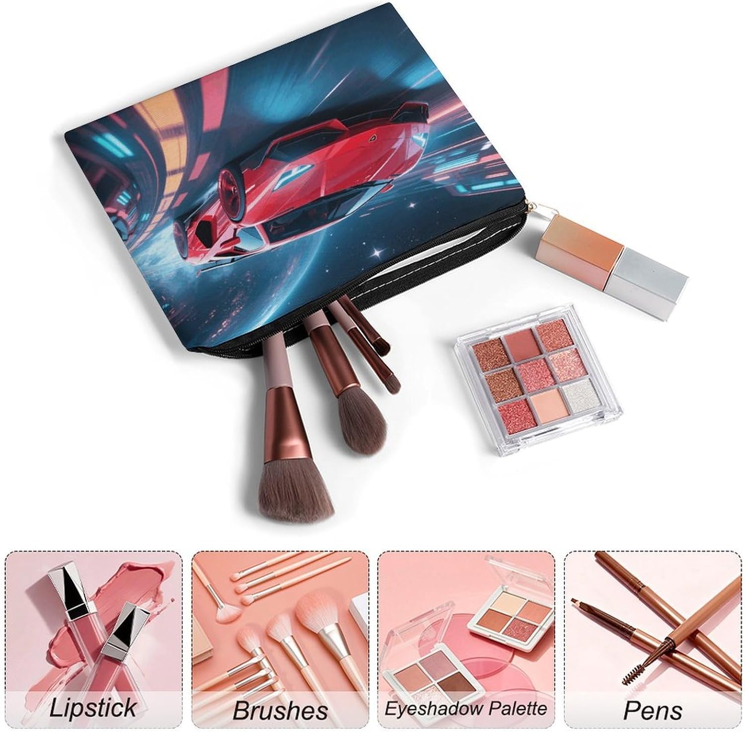 Sports Car in Space Cosmetic Bag Makeup Organizer image 3