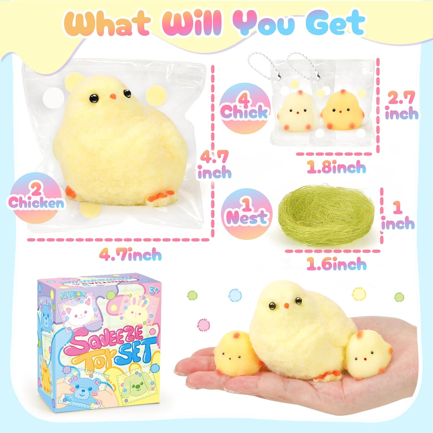 NINAOR Squishy Fidget Toys, 6Pcs Squeeze Soft Cute Stuff Chicken Sensory Toys for Kids Stress Relief Gifts, Birthday Party Favors Desk Classroom Decor Goodie Bags Stocking Stuffers