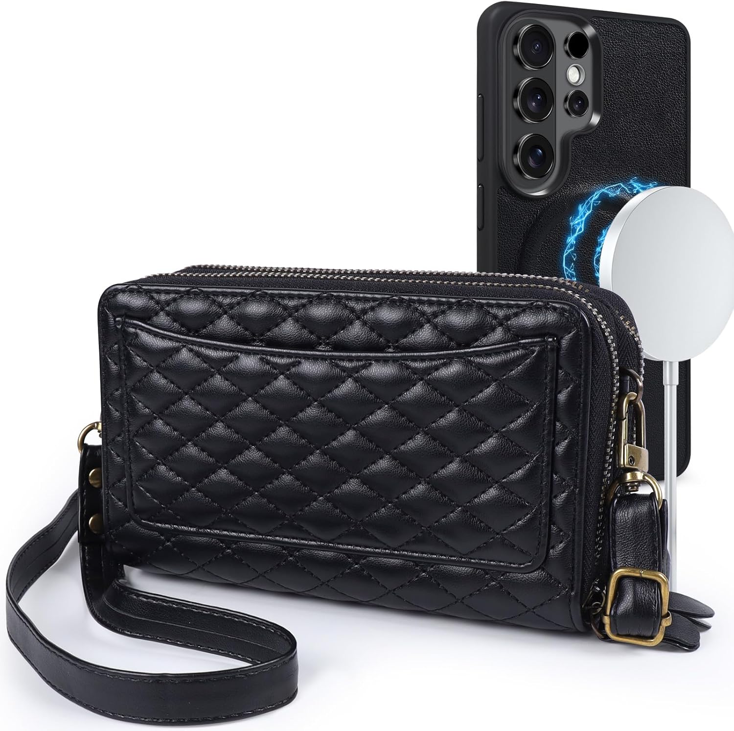Harryshell Compatible with Samsung Galaxy S26 Ultra Case Wallet Multi Zipper Detachable Removable Cover Purse with Card Slots Holder Mirror Crossbody Strap (Compatible with Magsafe - Black)