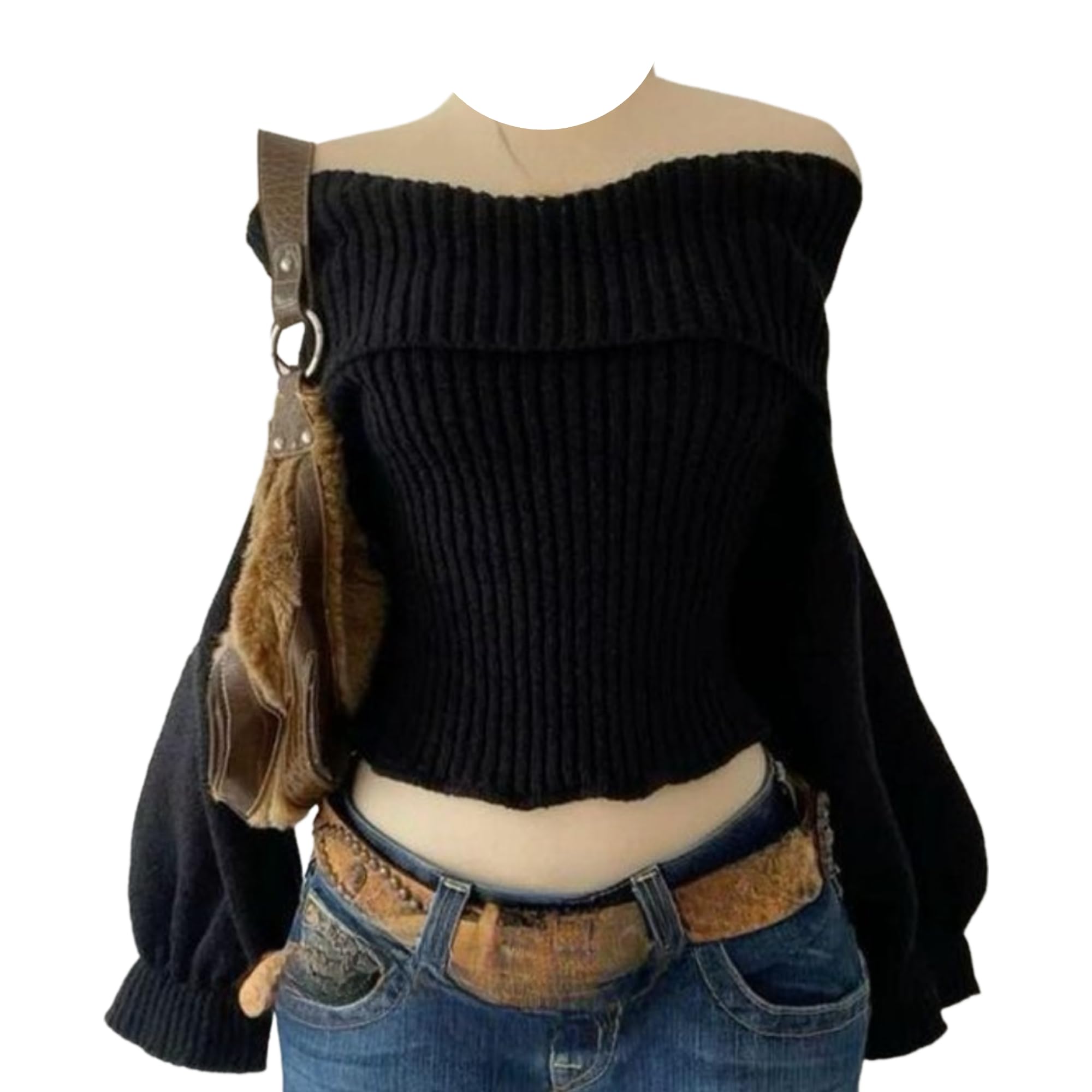 Striped Knit Sweater Women Vintage Y2k Fairy Grunge Emo 2000s Clothes Fall Cute Coquette Off Shoulder Knitted Tops