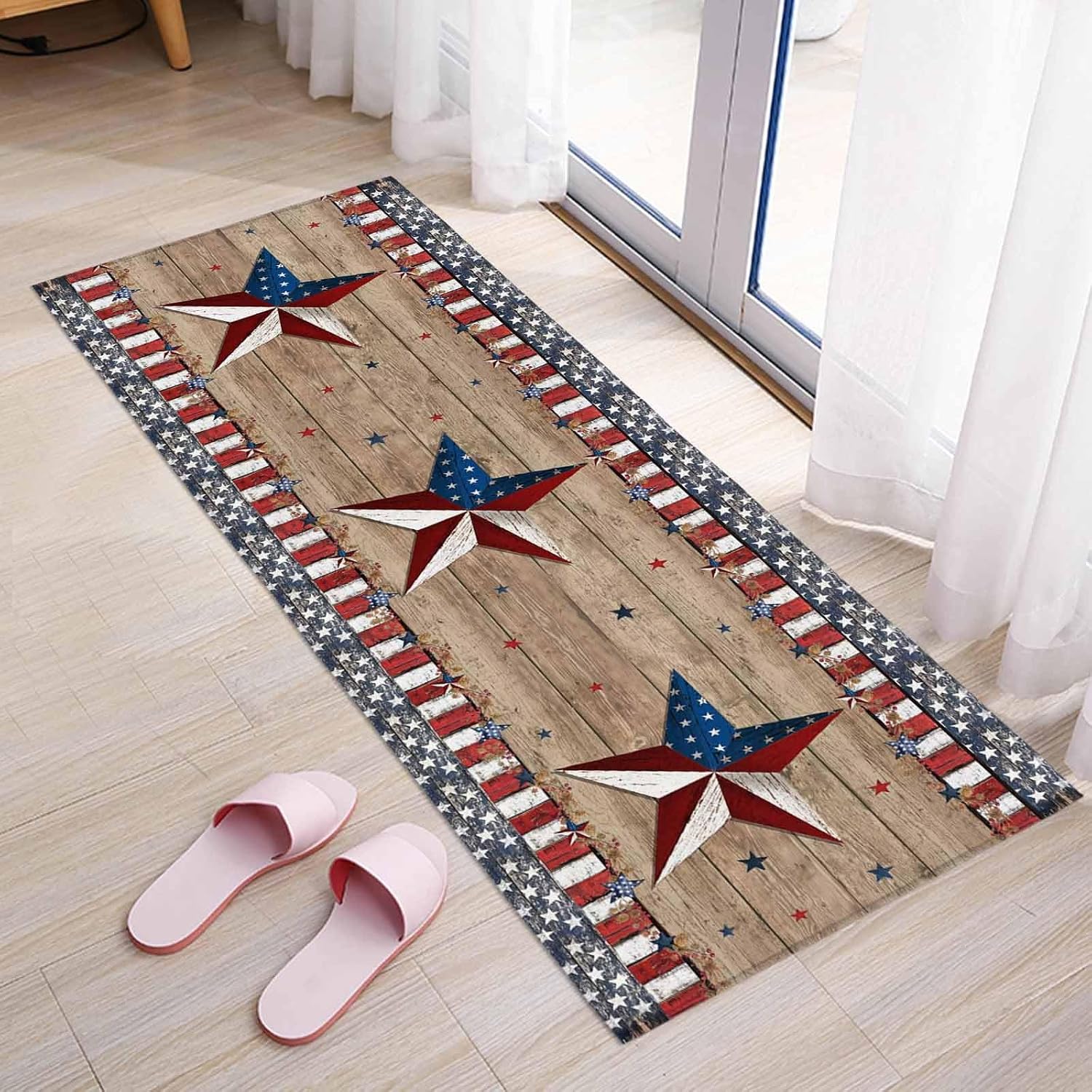 Teamery Kitchen Mats for Floor American Star Stripe USA Flag Washable Non Slip Kitchen Rugs 1PCS, Independence Day Wood Board Absorbent Standing Mats for Sink Bathroom Office Living Room 15.7x47.2in