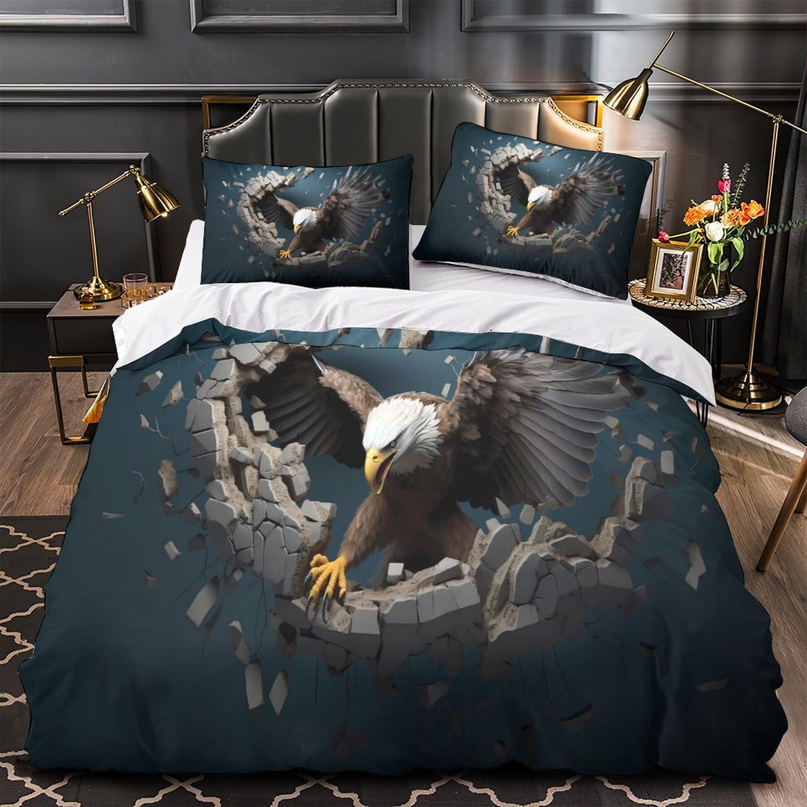 Housse de couette aigle 3D antiplis parure zippée 140x200cm