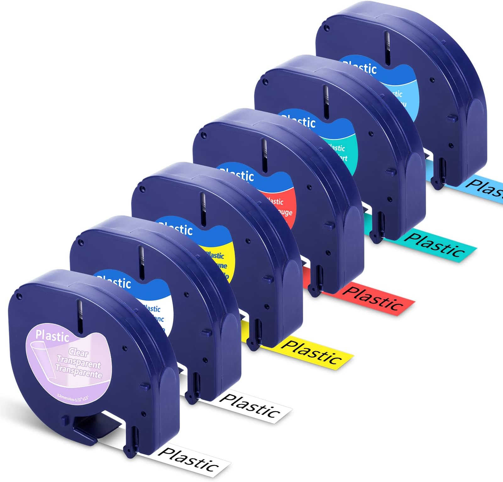 6X Fimax Compatible with Dymo LetraTag Refill Plastic Label Tape, 12mm x 4m for Label Maker LT-100H LT-100T XR, Black on White/Clear/Yellow/Red/Blue/Green 91201 91202 91203 91204 91205 16952