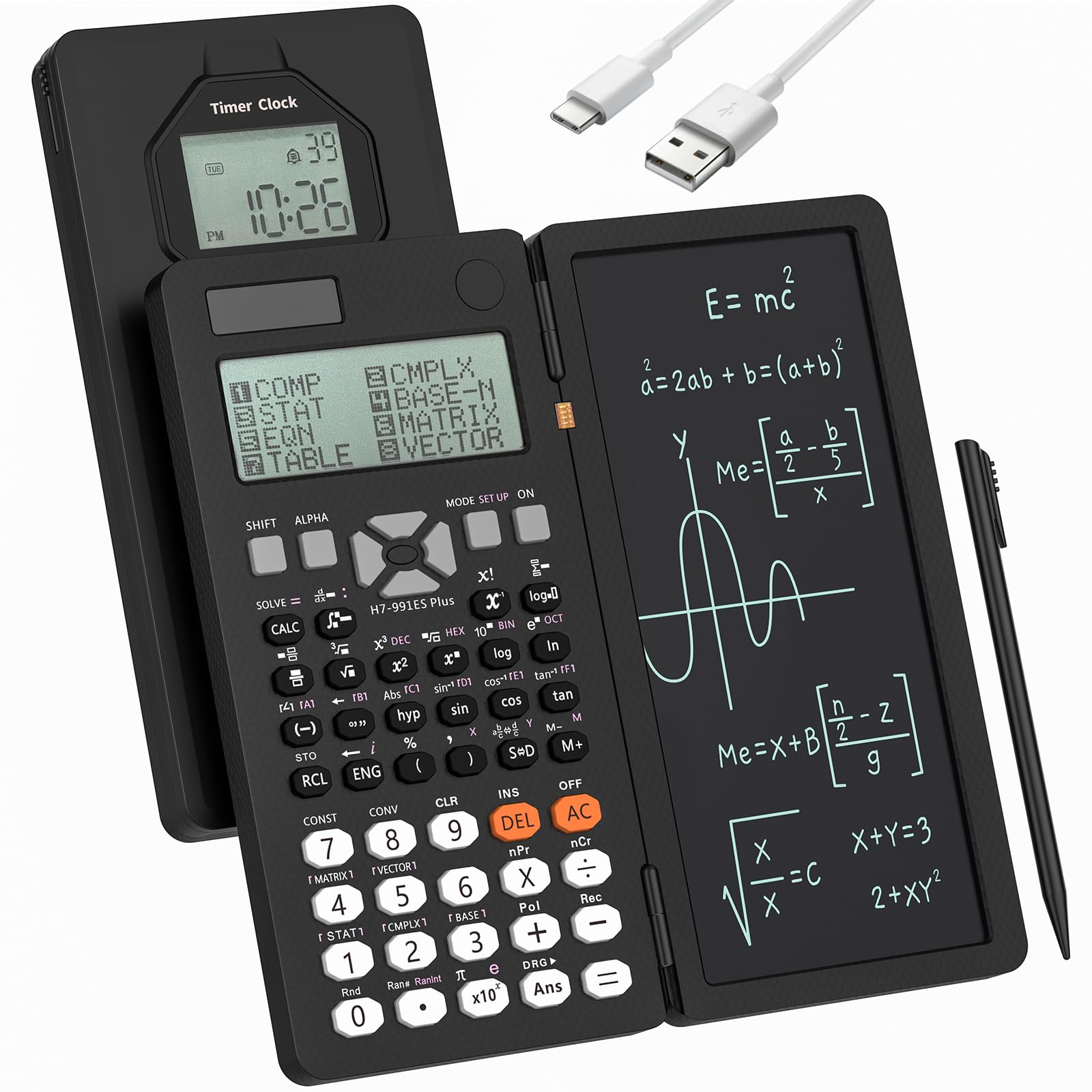 Calculadora científica, calculadora solar Rudnia con reloj despertador, 417 funciones y tipo C recargable, ideal para estudiantes de secundaria y profesores (negro)