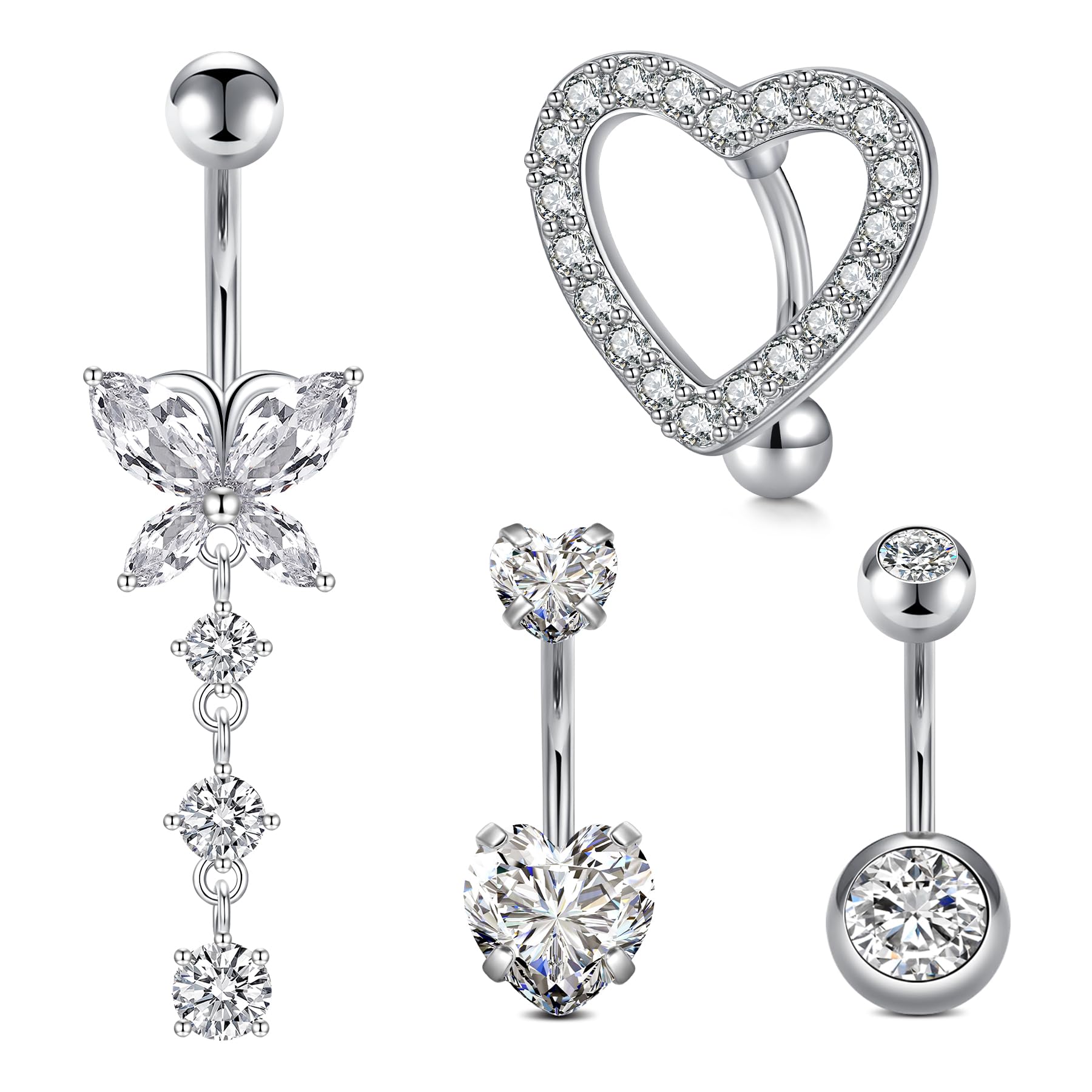 JFORYOU Piercing para ombligo, 14 g, acero inoxidable quirúrgico 316L, circonita transparente, oro y plata