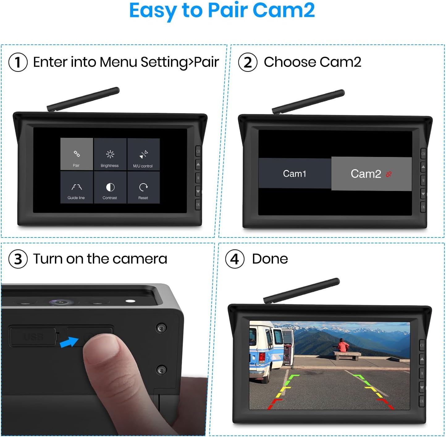 Monitor menu showing options for pairing, brightness, M/U control, record, settings, display sleep, guide line, and playback.