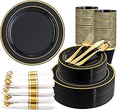 350 Pieces Black and Gold Plastic Plates with Disposable Silverware, Include 50 Dinner Plates 9”, 50 Dessert Plates 6.3”, 50 Black Cups 9 OZ, 50 Pre Rolled Napkins for New Year