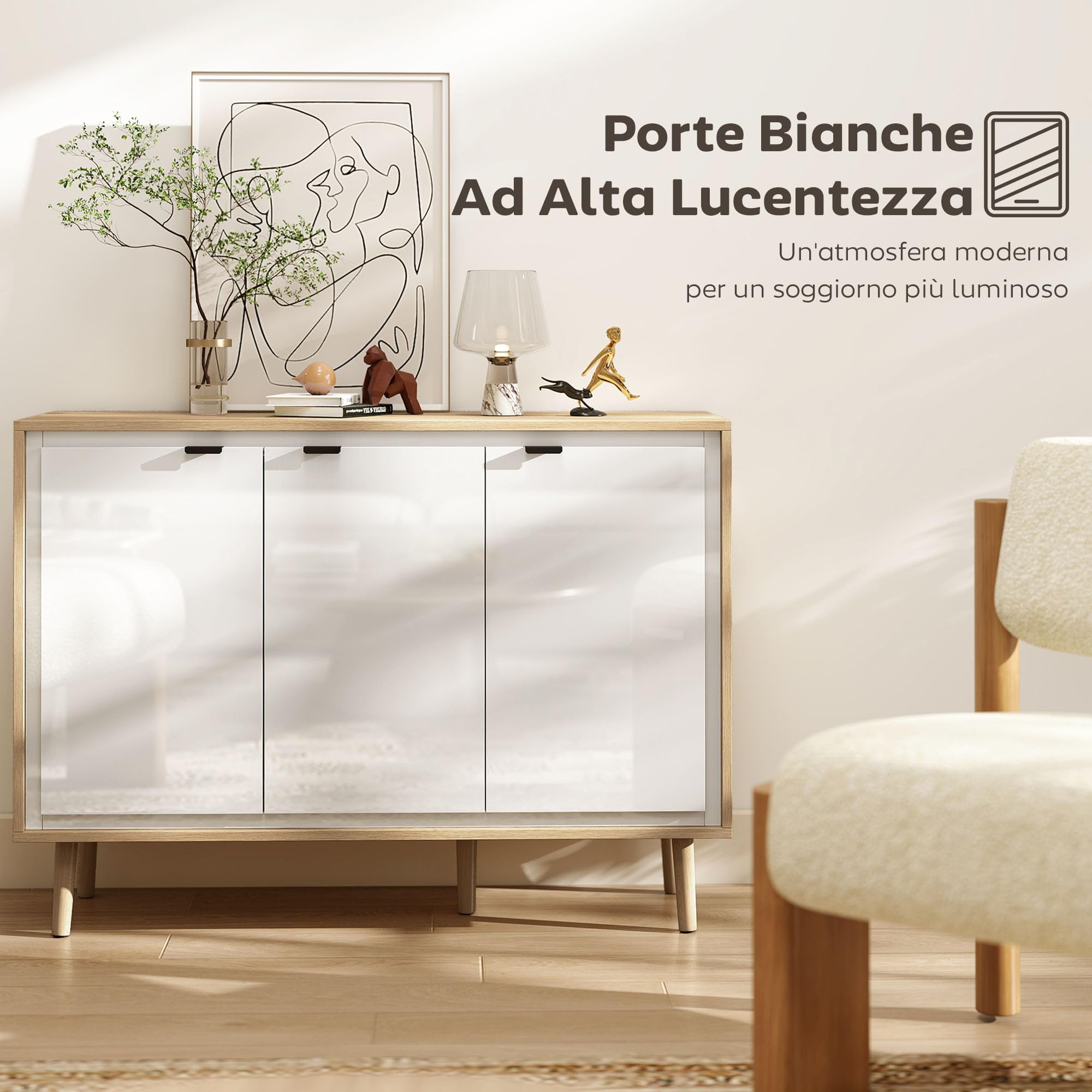 HOMCOM Credenza Cucina con 3 Ante, Mobile Cucina Moderno con Ripiano Regolabile e Piedi in Legno, Credenza Buffet per Soggiorno, Sala da Pranzo e Salotto, 107x35x77 cm, Bianco Lucido e Rovere
