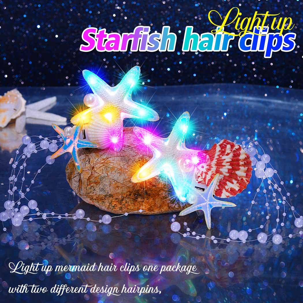 CAKURE Light Up Starfish Hair Clips Led Seashell Hair Clip Barrettes Mermaid Hair Accessories for Women and Girls (Pack of 2) - Image 2
