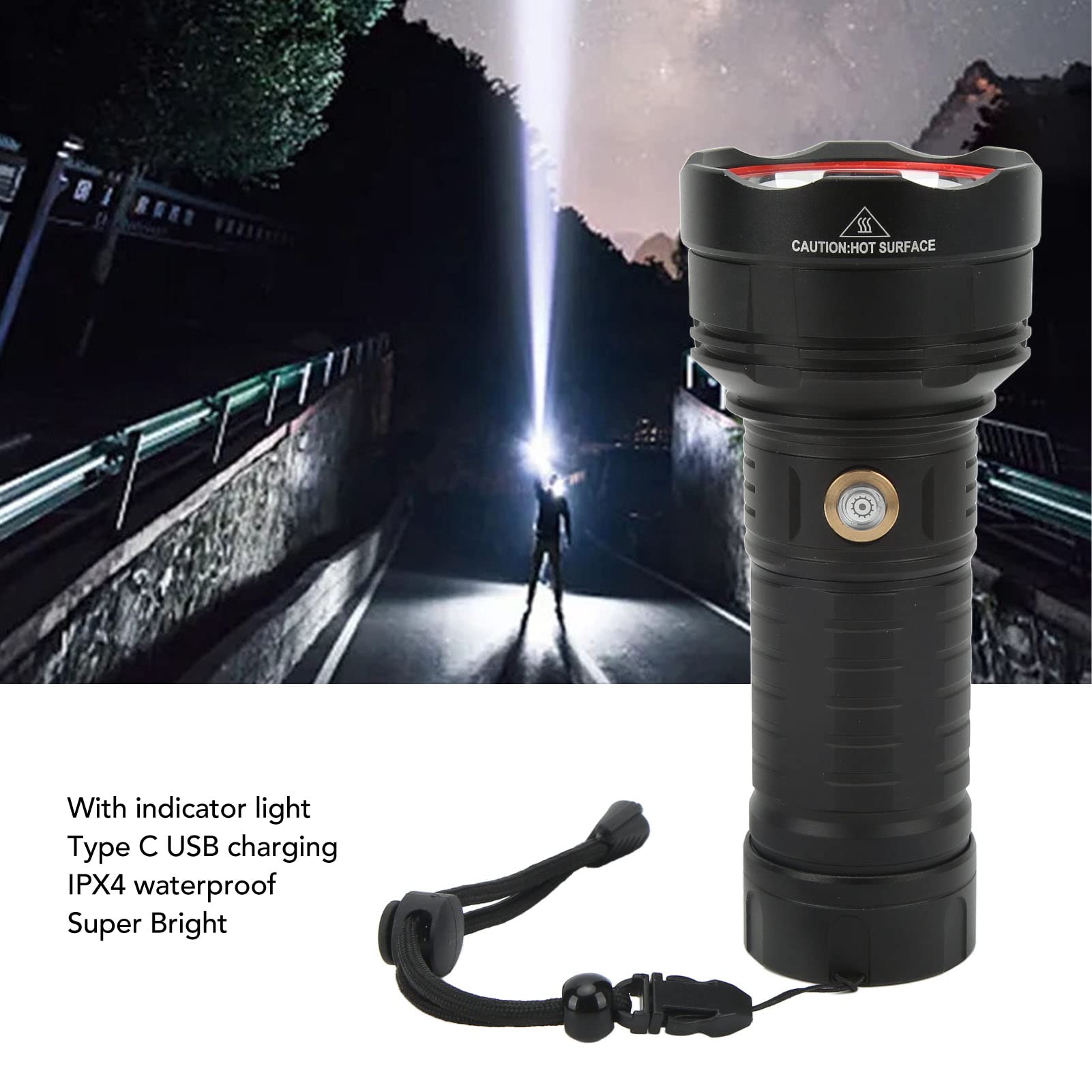 Latarka LED Super Jasna, Wodoodporna Latarka Z Możliwością ładowania Typu C, ładowanie Przez USB Z Przypomnieniem O Niskim Poziomie Naładowania Baterii, W Sytuacjach Awaryjnych Na Zewnątrz
