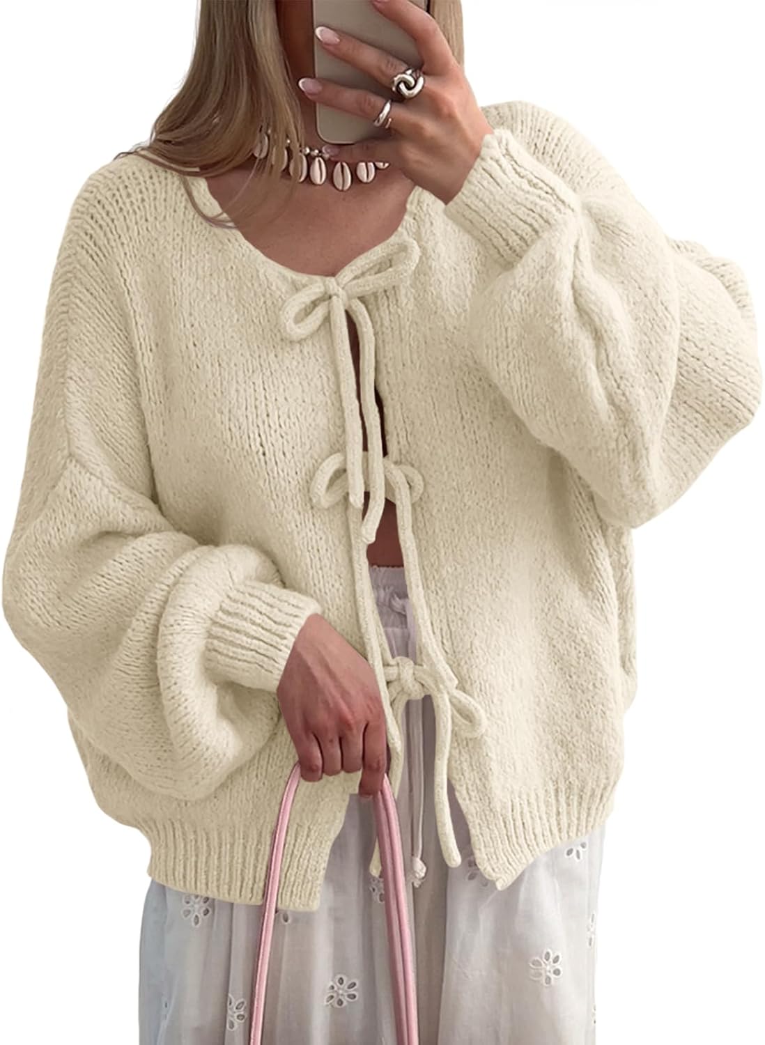 Saodimallsu Womens Tie Front Cardigan Sweaters Cute Bow Puff Long Sleeve 2025 Fall Loose Ribbed Knit Trendy Sweater Tops