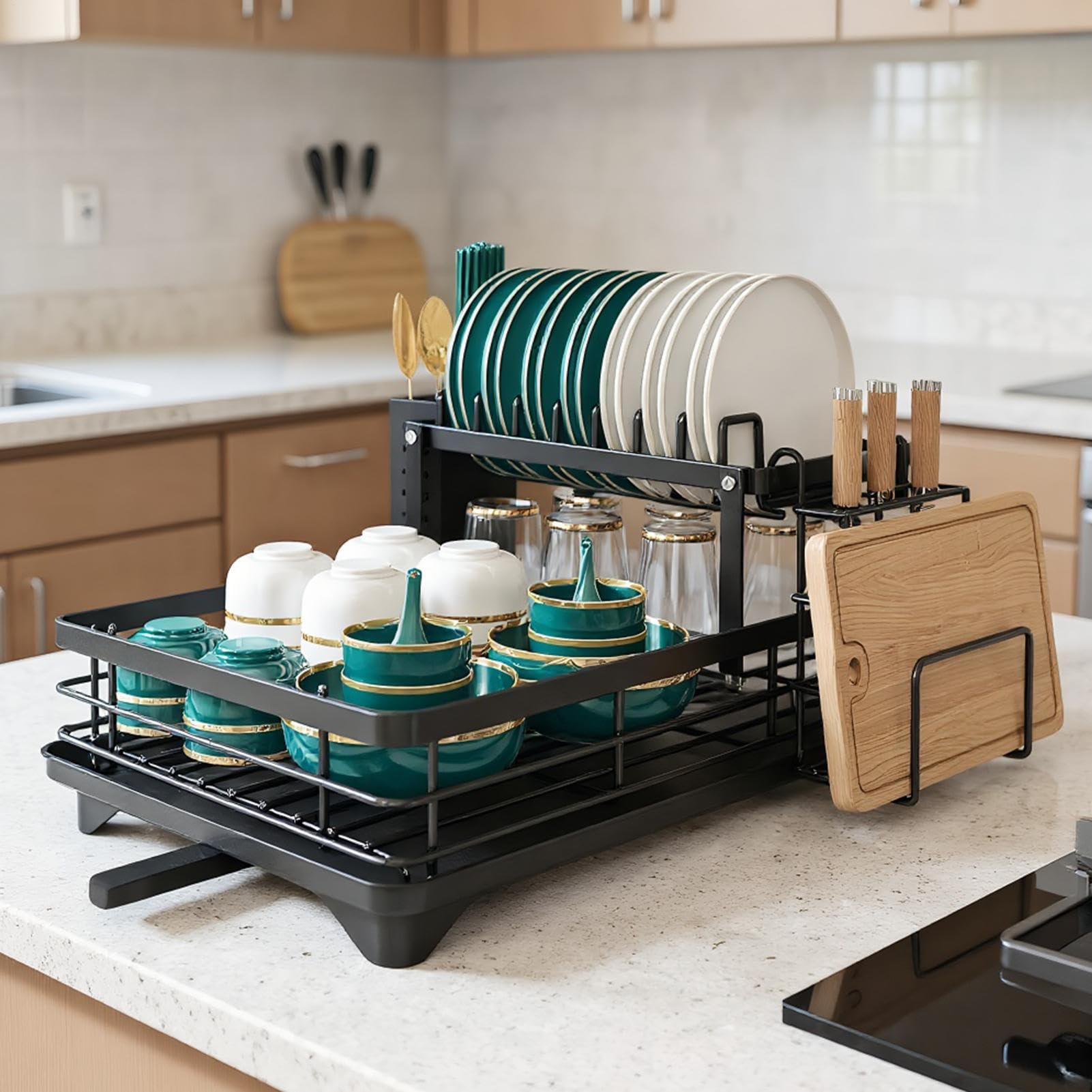 Generisch de platos, 2 niveles Para Encimera de Cocina, Utensilios De Cocina Y Vaso Soporte Para Cubiertos Cuencos Encimera