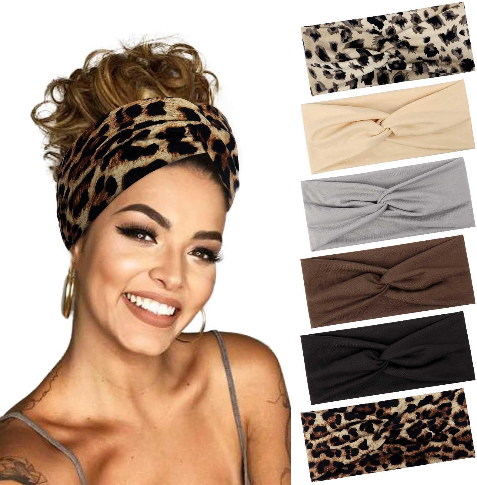 Hair Bands for Women, 6 Pcs Elastic Head Bands Boho Wide Soft Ladies Headband, Yoga Sports Hair Accessories for Women (Leopard Print, Solid Color)