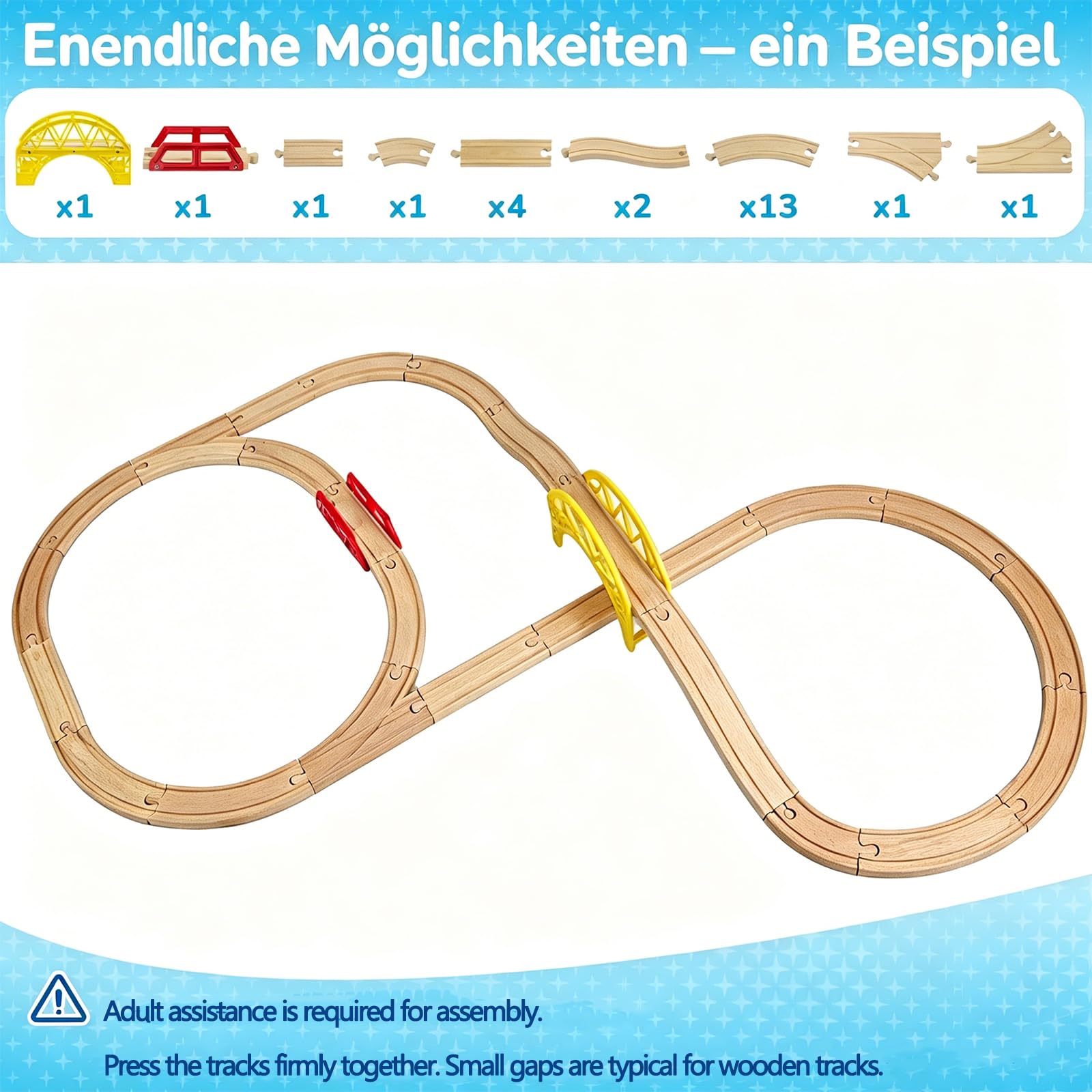 Holzeisenbahn Schienenset, Kompatibel mit Alle Eisenbahn Holz Systeme, 25 Teile Erweiterungspaket aus schienen zubehör, Für Kinder Ab 3 Jahren