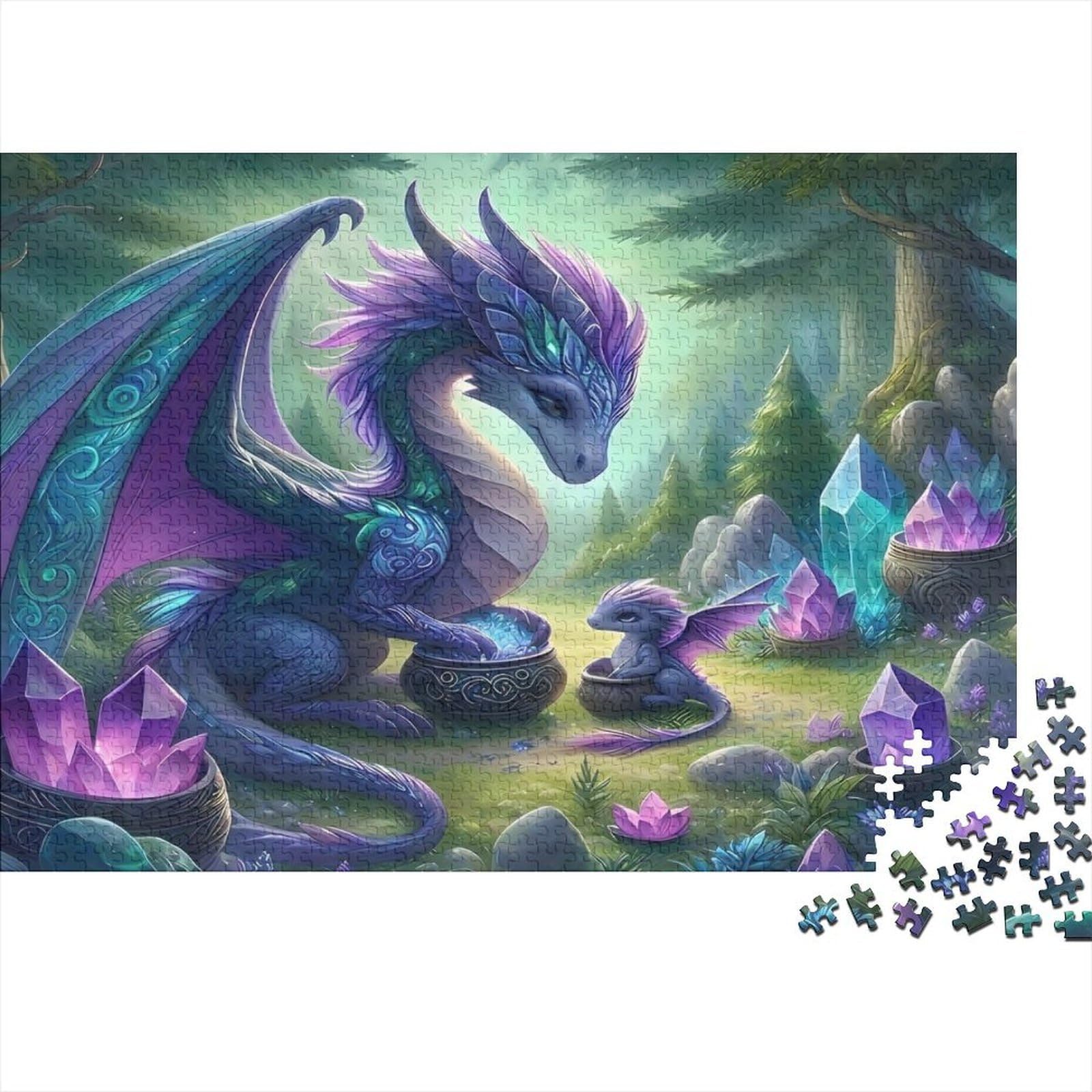 Fantasy Purple Dragon 1000 Piece Jigsaw Puzzle Paper for Adults Crystal Forest Scene Puzzle Game for Family Relaxation Decor Gift 52x38cm/1000pcs