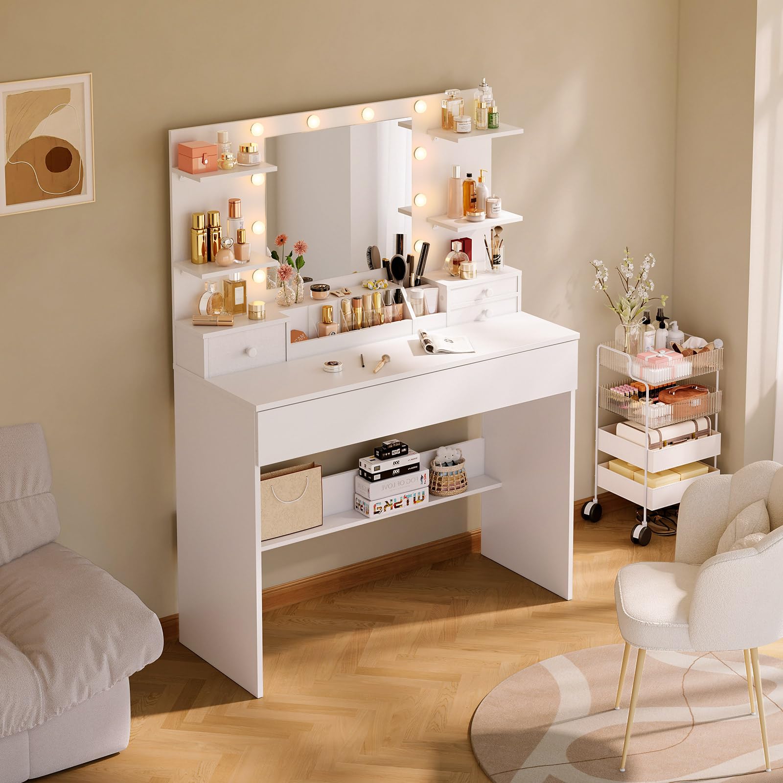 Coleshome Tocador de Maquillaje con Espejo LED y 10 Luces, Mesa de Maquillaje, Tocador Blanco con Cajones, Organizador y Estantes, Moderno para Dormitorio, 100x40x136cm