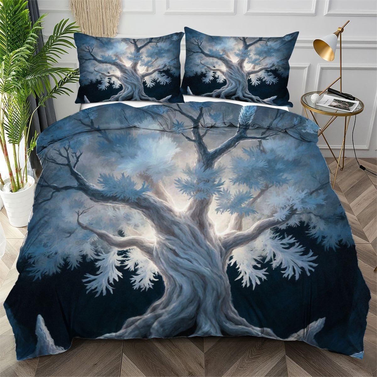 Housse de couette 160x200 Arbre Bleu zippée pour lit facile à faire