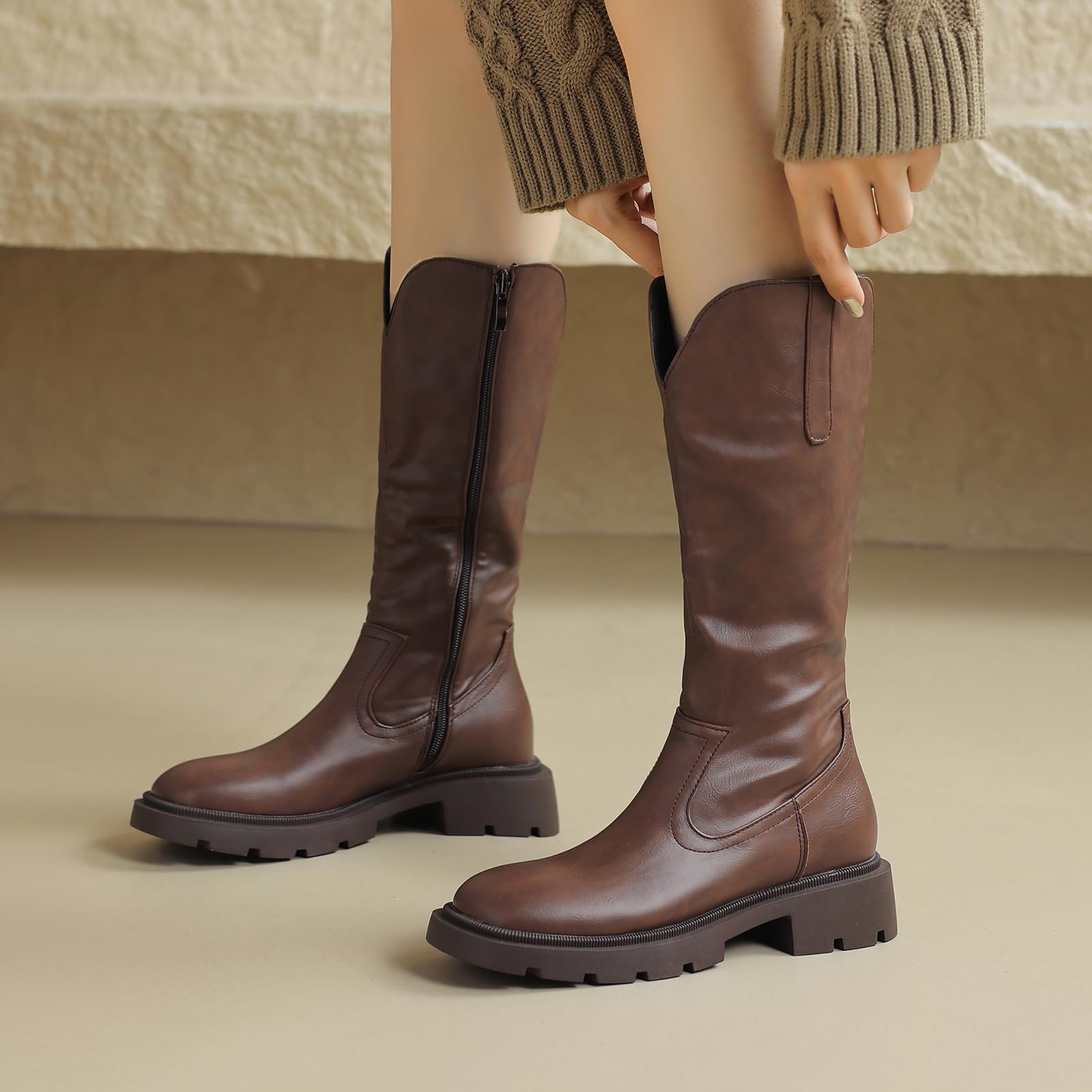 Bviennic Mujer Botas Planas Tacón Medio Botas de Media Pantorrilla Punta Rojoonda Zip Moda Botas de Montar, Talla 34-41