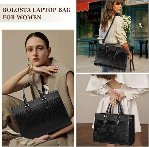 Vista 2 de BOLOSTA Bolsa para laptop para mujer, bolsa de trabajo de 15.6 pulgadas para mujer, bolsa grande de cuero impermeable para computadora con bolso