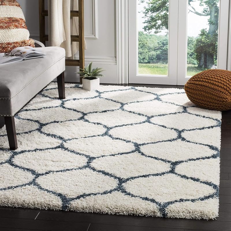 Image of SAGON Anti-Skid Shaggy Carpet Rug for Home | Ultra-Soft Plush Floor Mat for Living Room & Bedroom | Non-Slip, High-Density, Cozy Luxury Decor| 6 x 9 Feet Ivory Blue Diamond