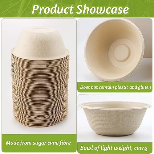 Miniatura 3 de 200 cuencos de papel biodegradables naturales de caña de azúcar de 8 onzas, cuencos de papel compostables para ensalada, sopa caliente, pasta y