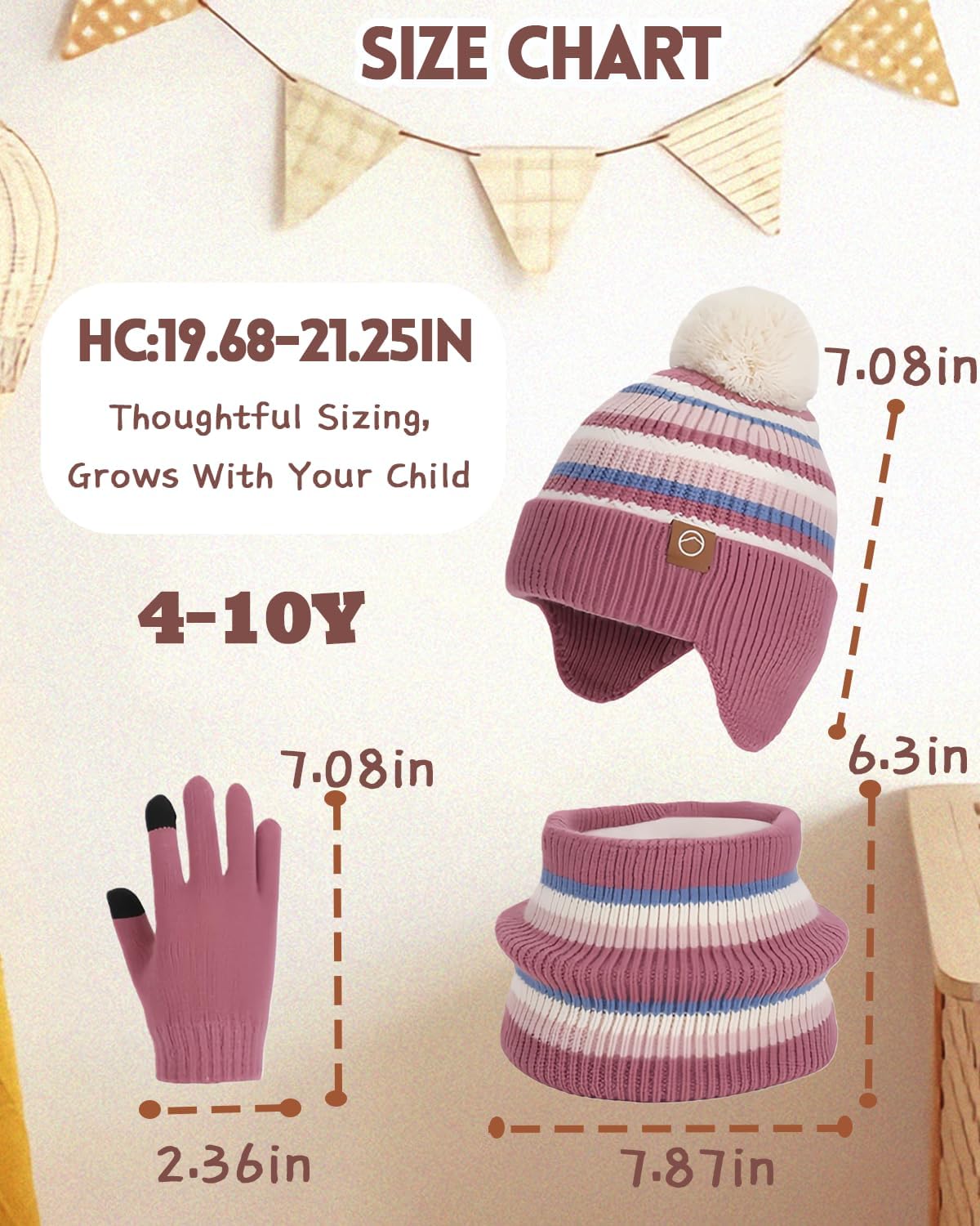 Kids Winter Hat Gloves Scarf Set,Beanies with Earflap Pompom Neck Warmer Touchscreen Gloves Fleece Lined for Boys Girls 4-10Y - Image 5