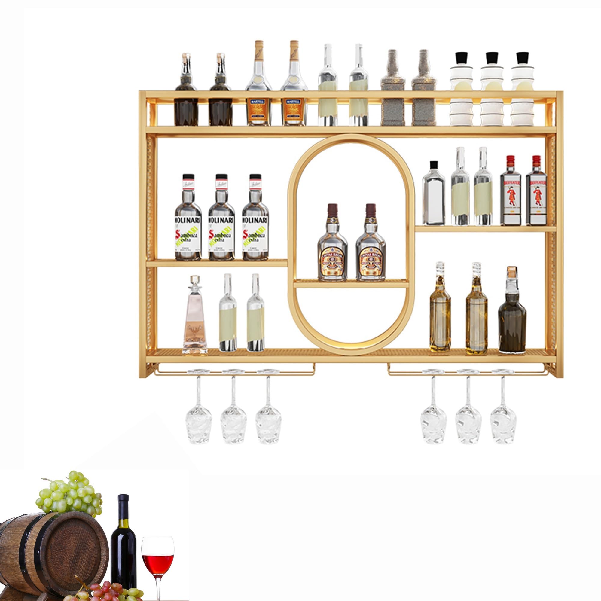 Étagère à vin murale suspendue en métal avec porte-verre et design lumineux