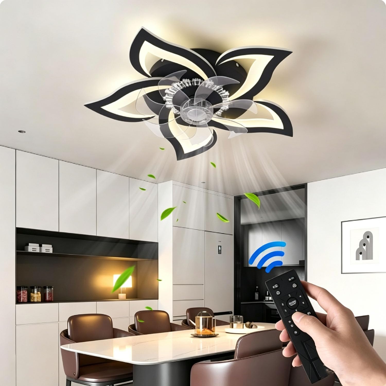 Piptyllite Modern Low Profile Ceiling Fan Light with Remote, Dimmable LED for Bedroom Living Room,Black