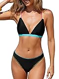 CUPSHE Women's Bikini Sets Two Piece Swimsuit V Neck Crisscross Back Low Rise Stitching Cheeky Bottom Black/Rainbow Small