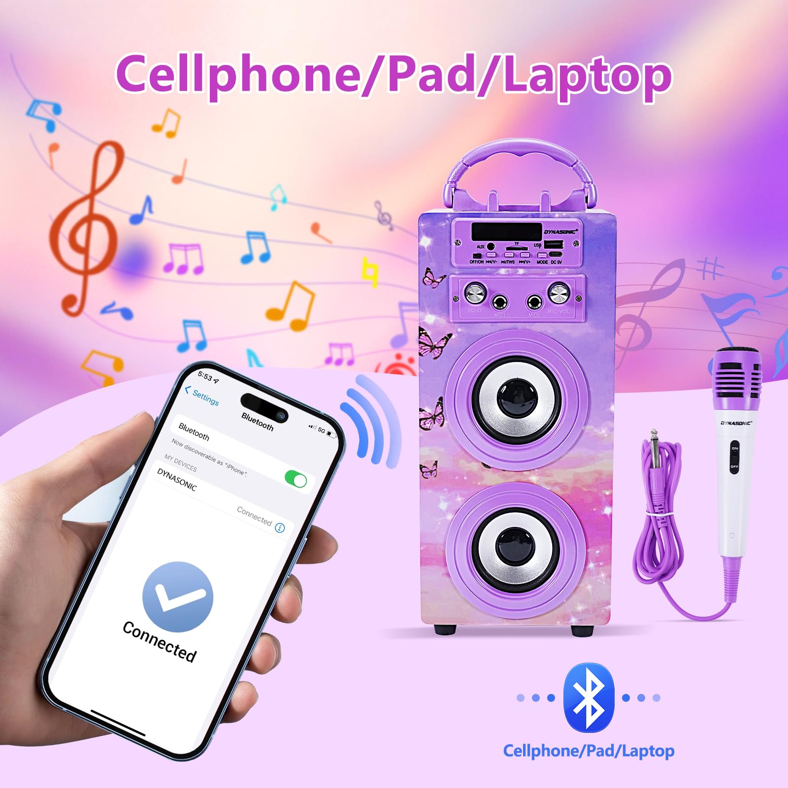 DYNASONIC Microfono Karaoke, Regalo per Bambini, Giocattolo per Bambini e Ragazzi, Regali Bambini, Giocattoli per Bambino e Bambina con Microfono Modello (025-18 LIGHTS)