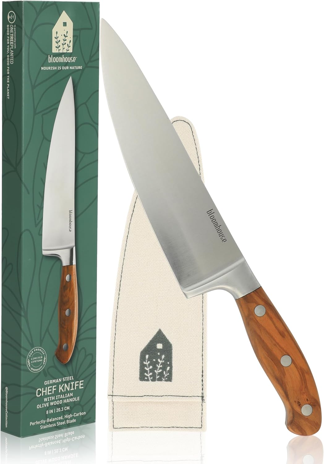 Bloomhouse - Two Time Oprah's Favorite Things Winner - 8-Inch Chef's Knife – German Stainless Steel Blade with Forged Italian Olive Wood Handle, Full Tang Kitchen Knife for Slicing, Dicing & Chopping - Thumbnail 2