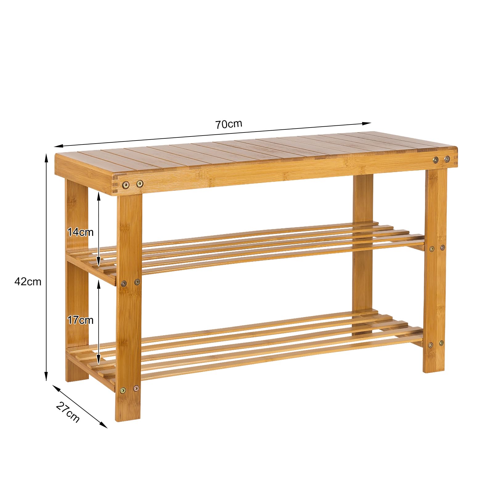 Kedia Schuhbank aus Bambus, Schuhschrank mit 2 Ebenen, Eingangsmöbel, Hocker mit Schuhregal, 70 x 27 x 42 cm (Holzfarbe)
