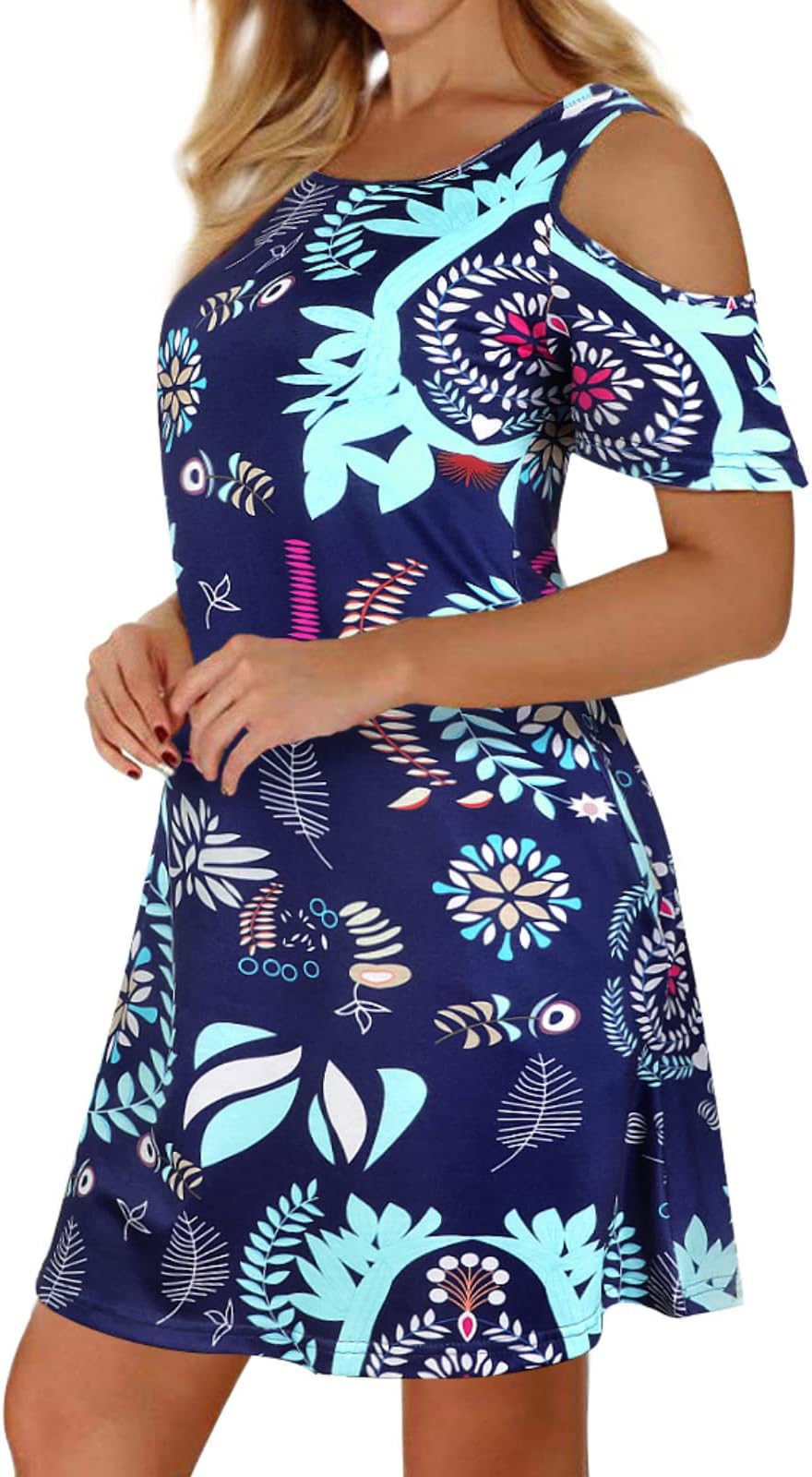 Misyula StyleWomens Summer Cold Shoulder Floral Flowy T-Shirt Dress with Pockets