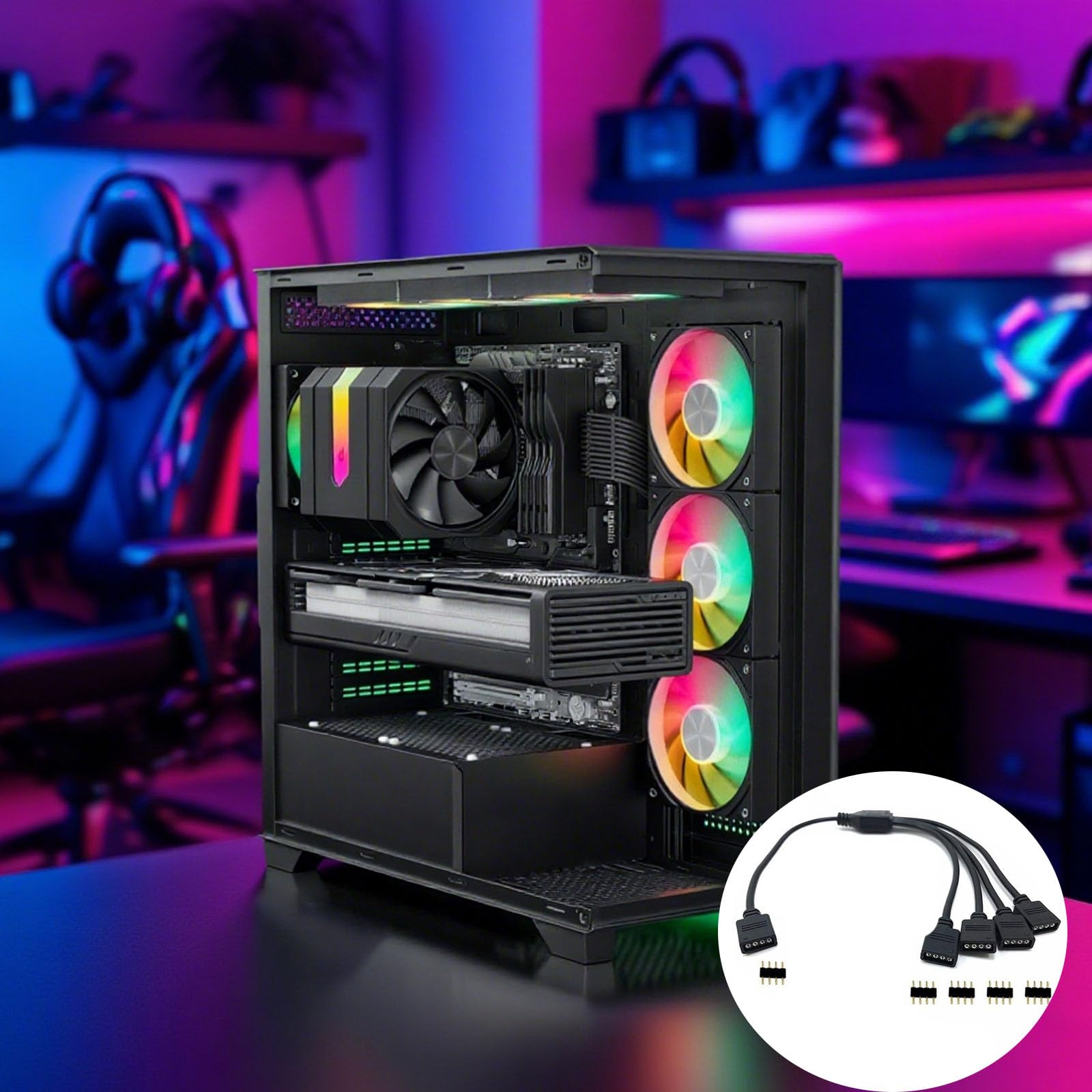 ARGB - Cable divisor de 12 V 4 pines RGB direccionable, 1 a 4, para ventiladores de carcasa, cable divisor y enfriador de CPU (negro)