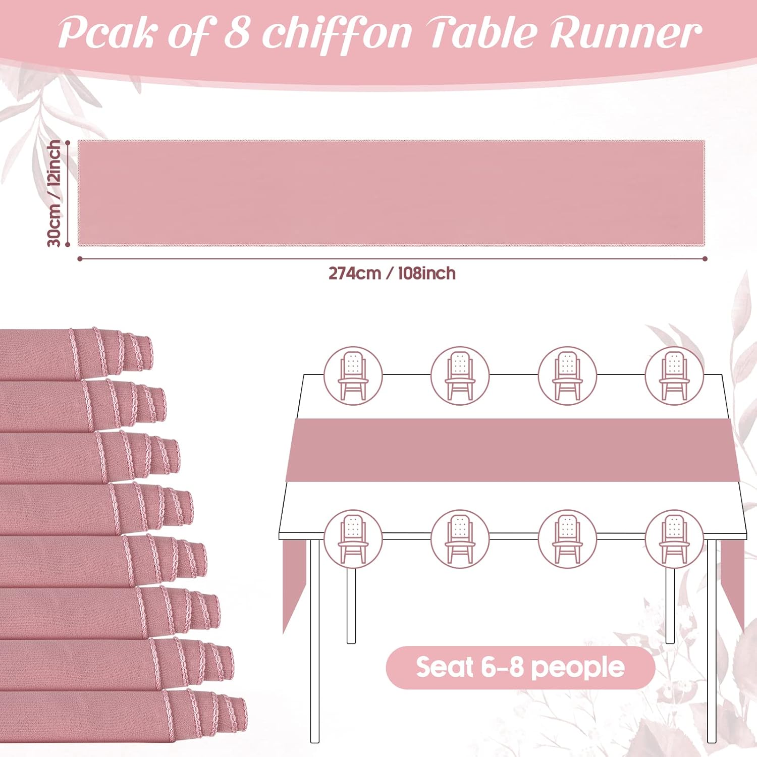 Newwiee 12 Pack Dusty Rose 9 ft Chiffon Table Runner 12 x 108 Inch Sheer Romantic Boho Rustic Tulle Table Runner for Wedding Birthday Party Bridal Shower Outdoor Cake Decorations