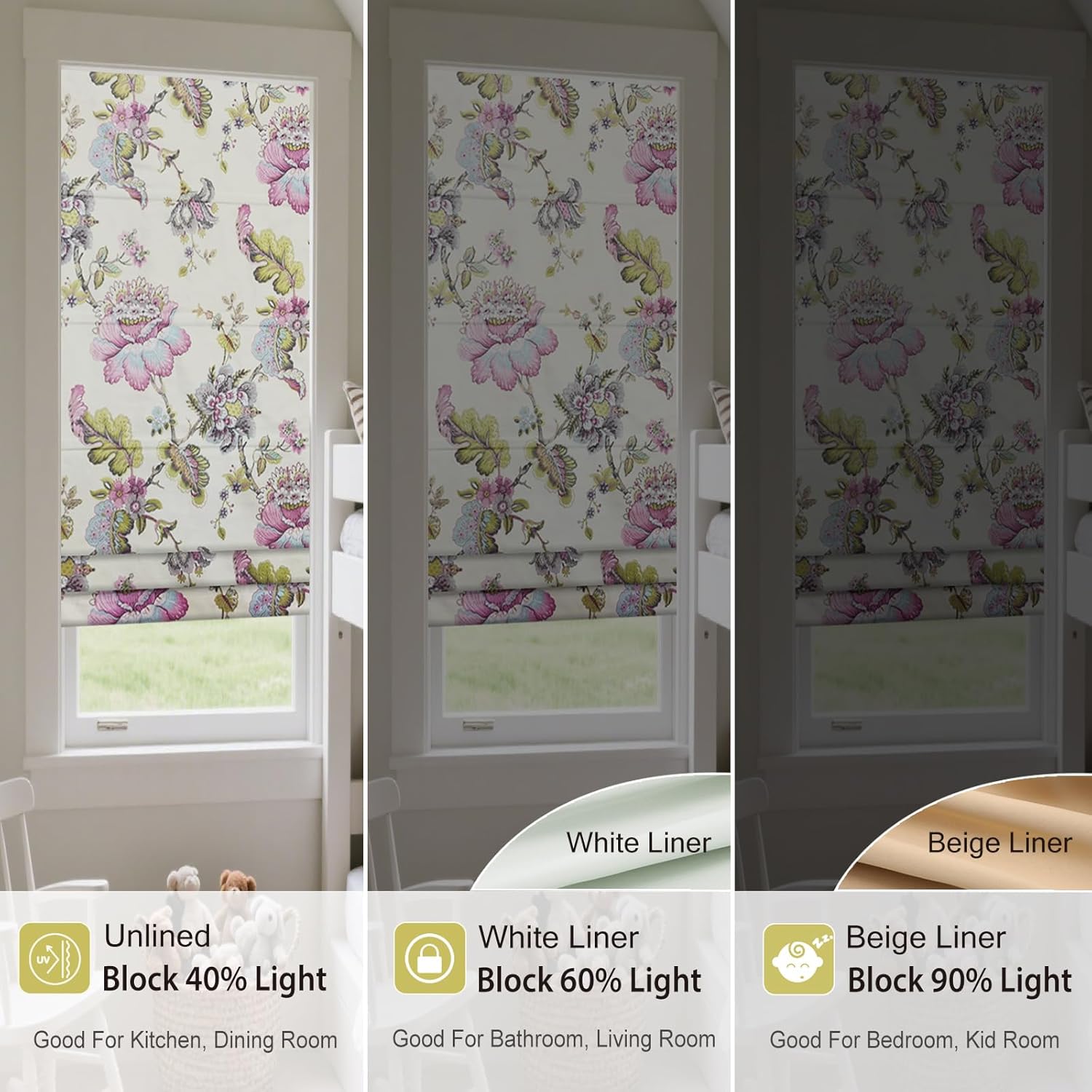 Cordless Filter Light Roman Shades Window Blinds, No Drill No Tools Window Roman Shade for Inside Mount Windows, Peony Flower