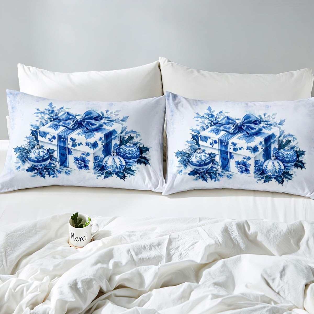 Homewish Juego de sábanas de Navidad con lazo doble, diseño botánico de hojas de porcelana azul y blanco, ropa de cama para adultos, mujeres y niños, ropa de cama cálida y suave, 4 piezas