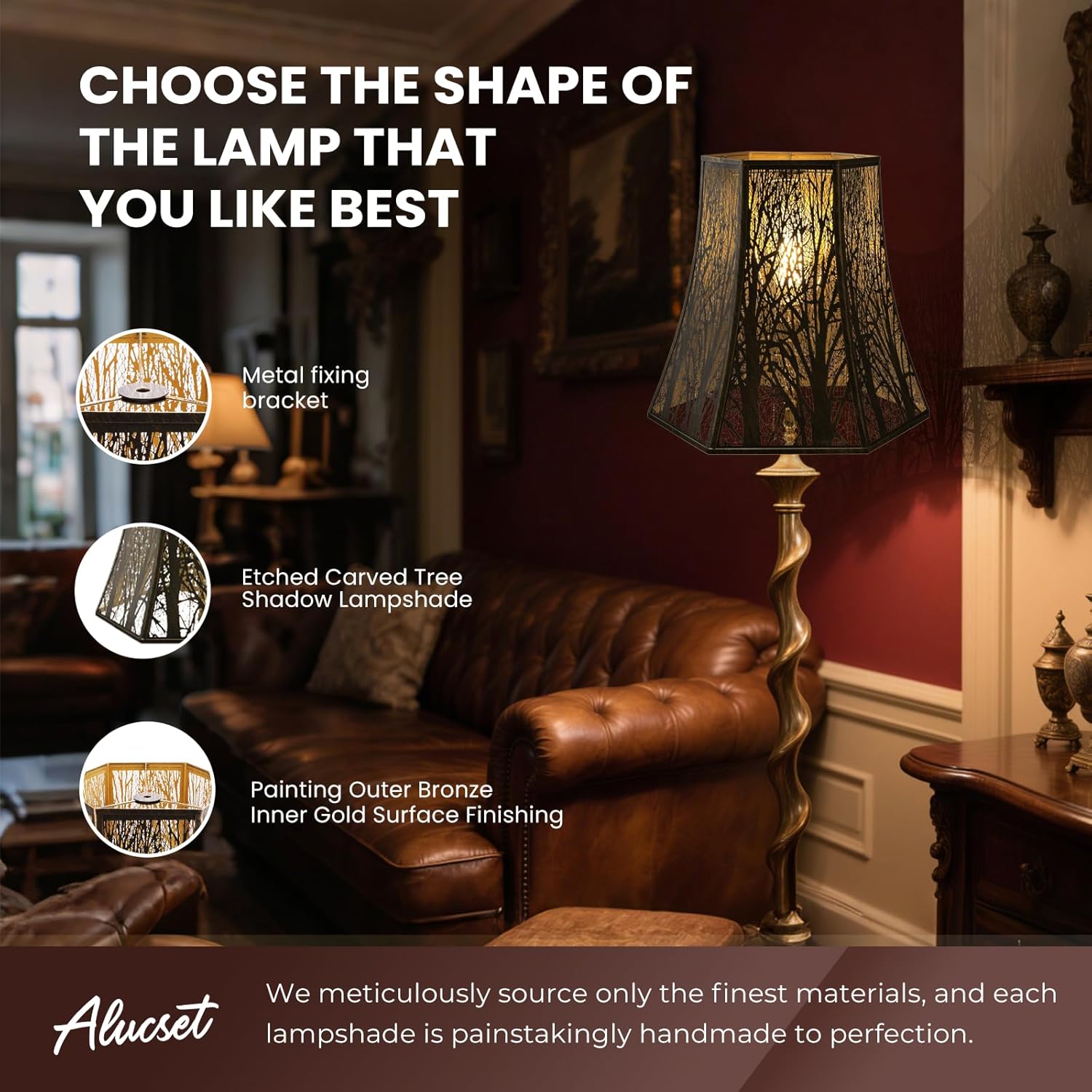 ALUCSET Metal Lampshade, 10" Top x 16" Bottom x 14.5" High (Spider) Lamp Shades Replacement for Floor Lamp, Bedside and Table Lamps, Antique Bronze Gold Hexagonal Lamp Shade - Art Etched- Lampshades