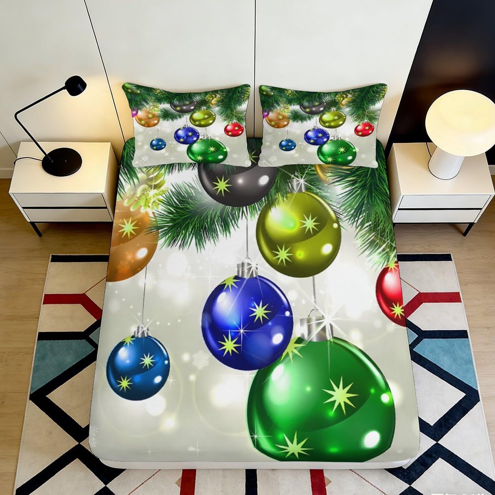 3D Printed Christmas Ornament Fitted Sheet Microfiber Soft Multicolor Bauble Bed Cover for Bedroom Guest Room Decor 90x200x25cm