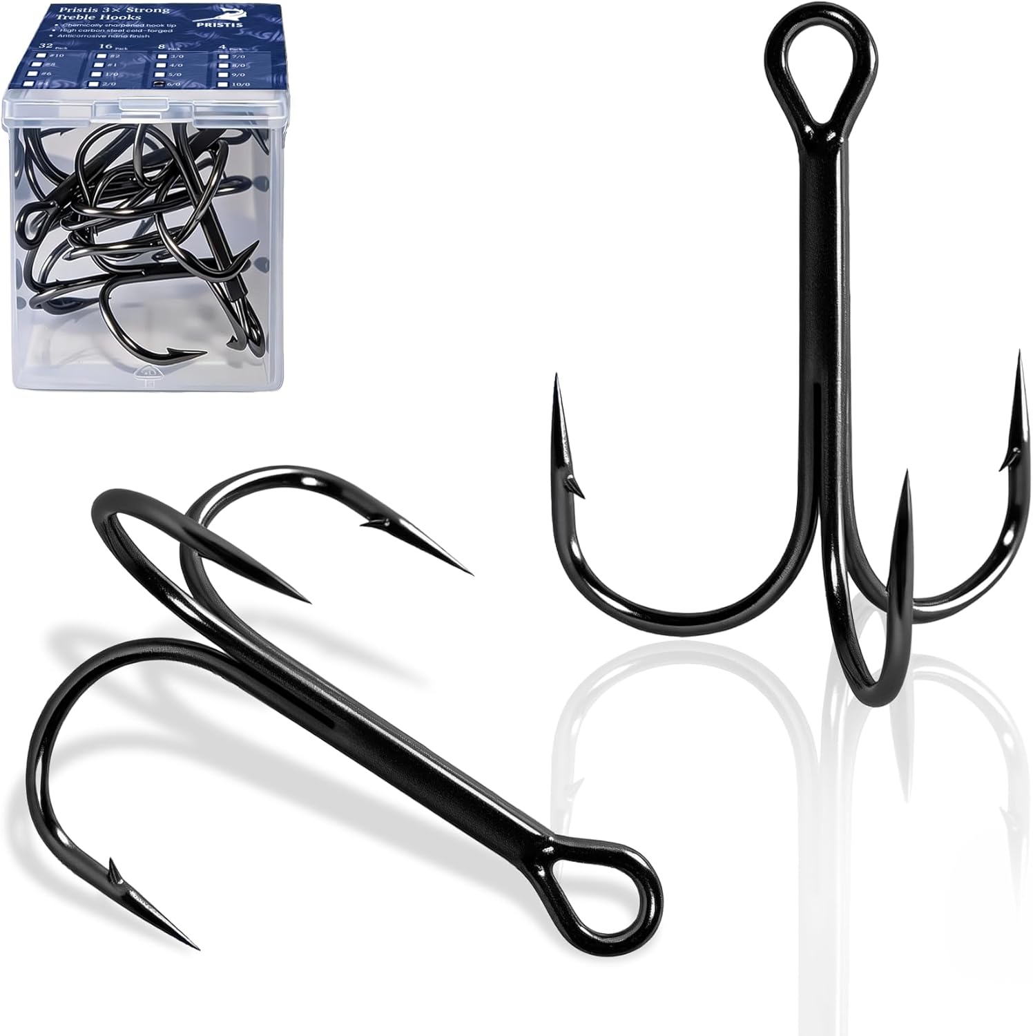 Pristis 3X Strong Fishing Treble Hooks, High Carbon Steel Sharp Barbed Tripple Round Bend Hook Kit Set for Lure Bait, Needle Point for Saltwater Freshwater Bass Trout Tuna Catfish Pike