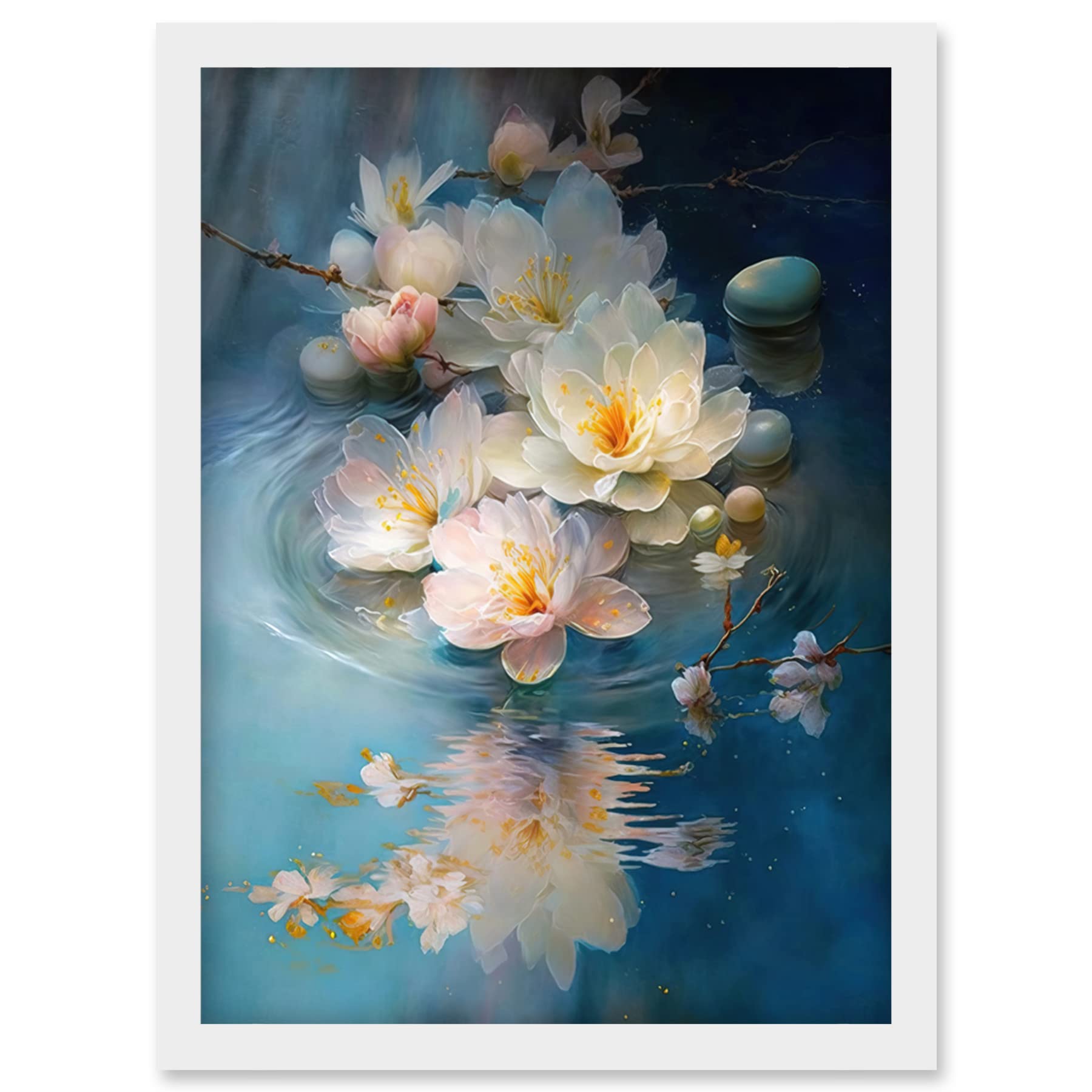 Artery8 Fallen Cherry Blossom Flower Water Ripples Modern Watercolour Painting Artwork Framed Wall Art Print A4