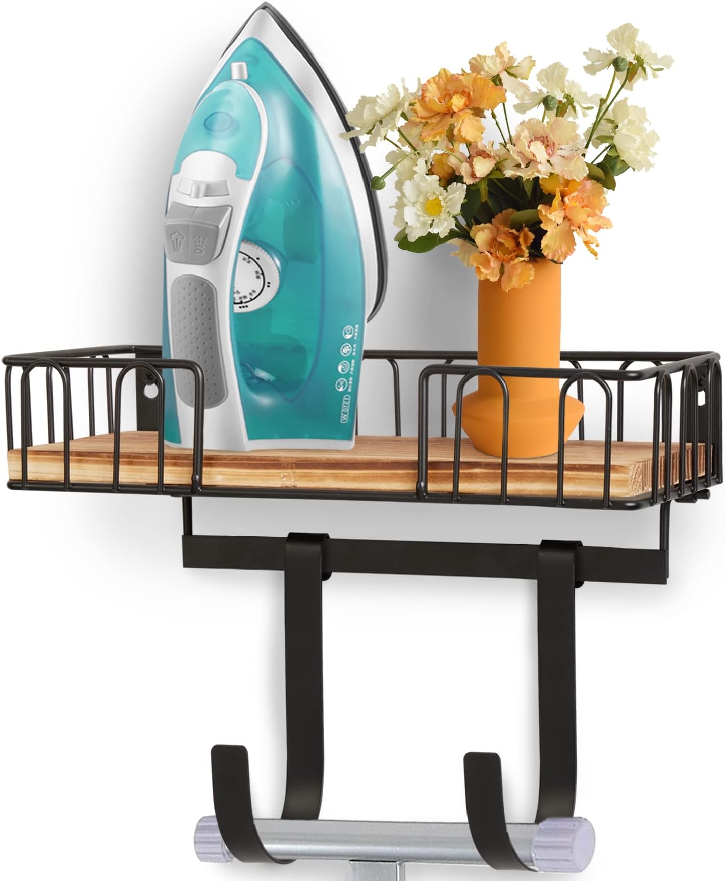 Ironing Board Hanger, Iron Board Wall Mount with Shelf, Metal Iron Holder with Large Storage Wooden Base Basket & Removable Hooks, Laundry Room
