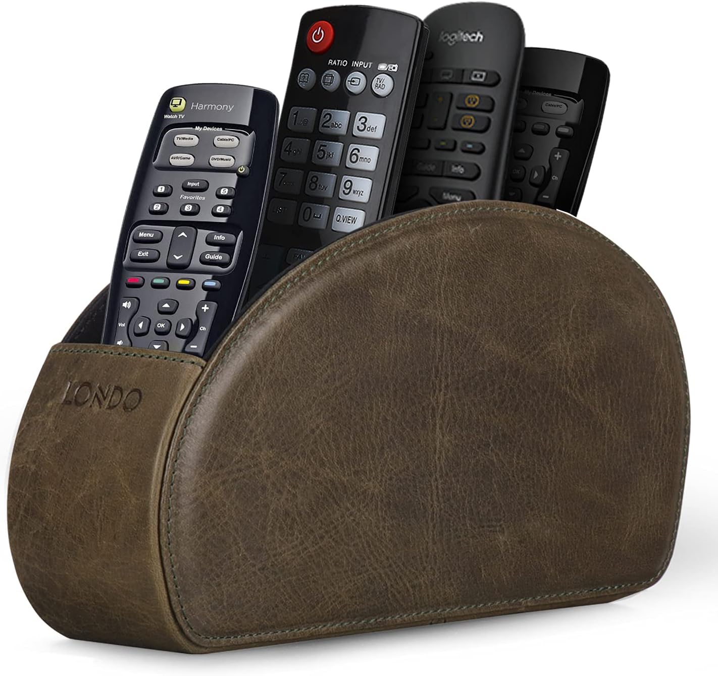 Londo Remote Control Holder with 5 Pockets - Store DVD, Blu-Ray, TV, Roku or Apple TV Remotes - Real Leather with Suede Lining - Slim, Compact Living or Bedroom Storage